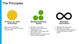 A focus on user
outcomes
Multidisciplinary
teams
Restless
reinvention
 