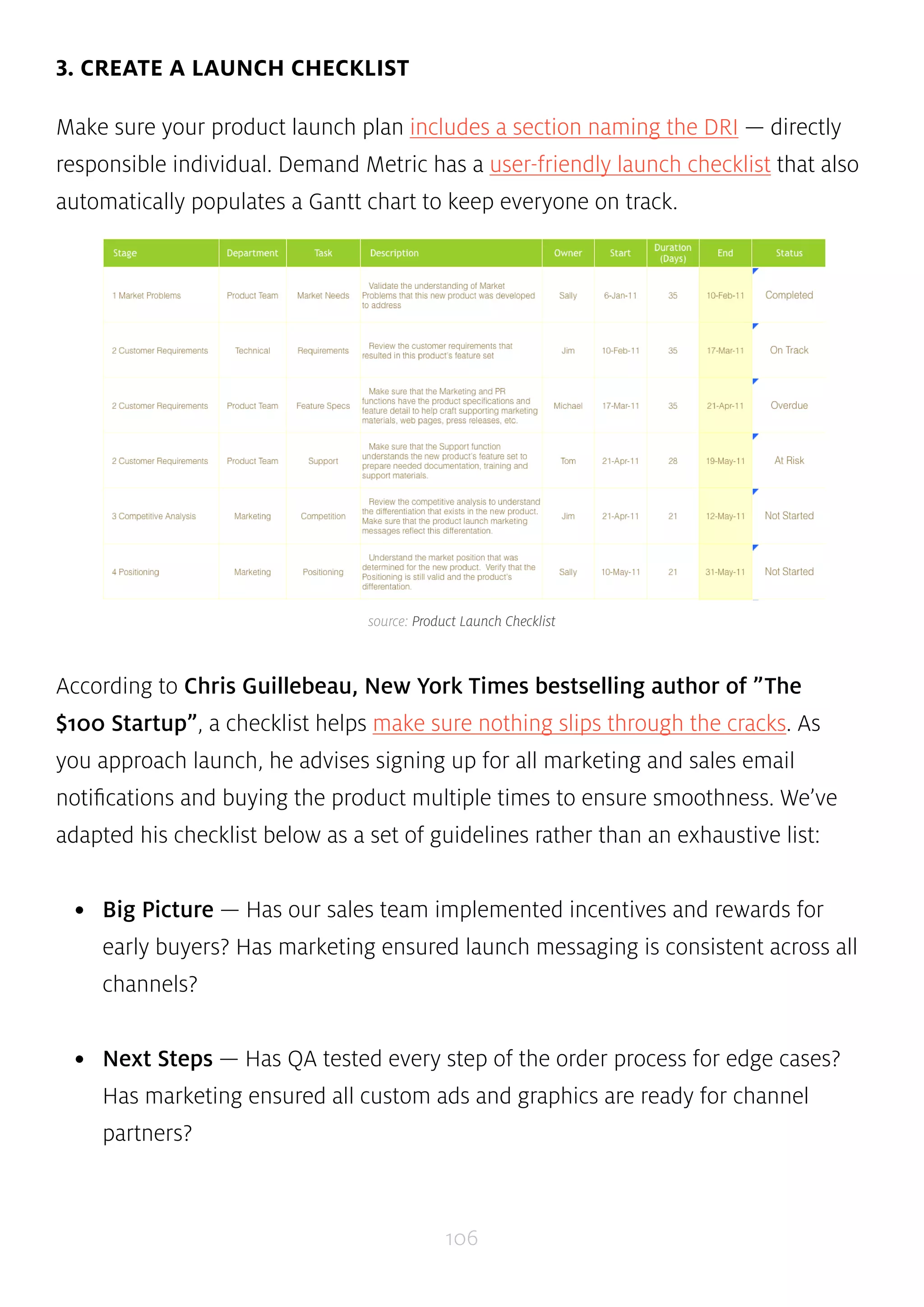 source: Product Launch Checklist 
106 
3. CREATE A LAUNCH CHECKLIST 
Make sure your product launch plan includes a section naming the DRI — directly 
responsible individual. Demand Metric has a user-friendly launch checklist that also 
automatically populates a Gantt chart to keep everyone on track. 
According to Chris Guillebeau, New York Times bestselling author of ”The 
$100 Startup”, a checklist helps make sure nothing slips through the cracks. As 
you approach launch, he advises signing up for all marketing and sales email 
notifications and buying the product multiple times to ensure smoothness. We’ve 
adapted his checklist below as a set of guidelines rather than an exhaustive list: 
• Big Picture — Has our sales team implemented incentives and rewards for 
early buyers? Has marketing ensured launch messaging is consistent across all 
channels? 
• Next Steps — Has QA tested every step of the order process for edge cases? 
Has marketing ensured all custom ads and graphics are ready for channel 
partners? 
 
