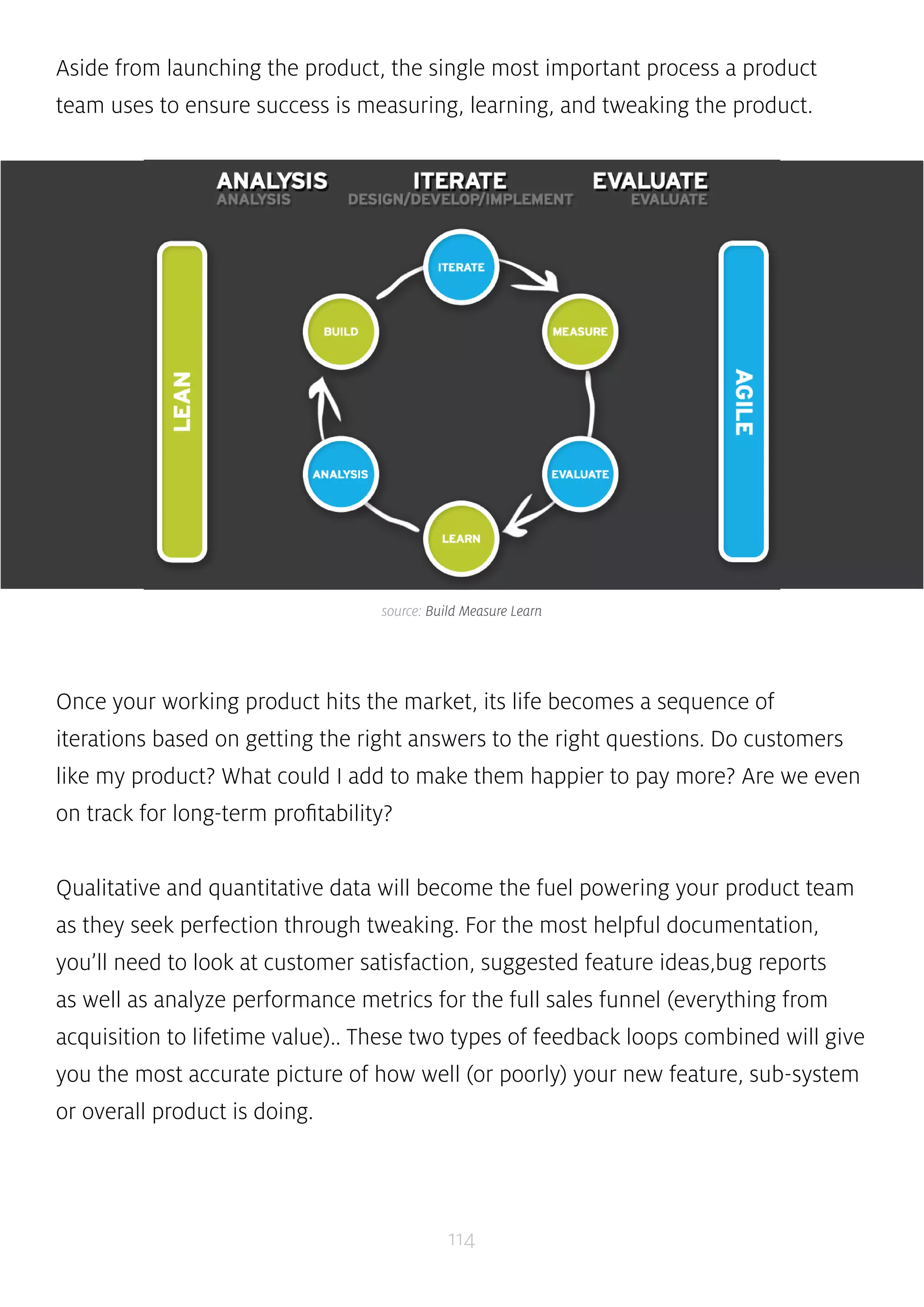 Aside from launching the product, the single most important process a product 
team uses to ensure success is measuring, learning, and tweaking the product. 
source: Build Measure Learn 
Once your working product hits the market, its life becomes a sequence of 
iterations based on getting the right answers to the right questions. Do customers 
like my product? What could I add to make them happier to pay more? Are we even 
on track for long-term profitability? 
Qualitative and quantitative data will become the fuel powering your product team 
as they seek perfection through tweaking. For the most helpful documentation, 
you’ll need to look at customer satisfaction, suggested feature ideas,bug reports 
as well as analyze performance metrics for the full sales funnel (everything from 
acquisition to lifetime value).. These two types of feedback loops combined will give 
you the most accurate picture of how well (or poorly) your new feature, sub-system 
or overall product is doing. 
114 
 
