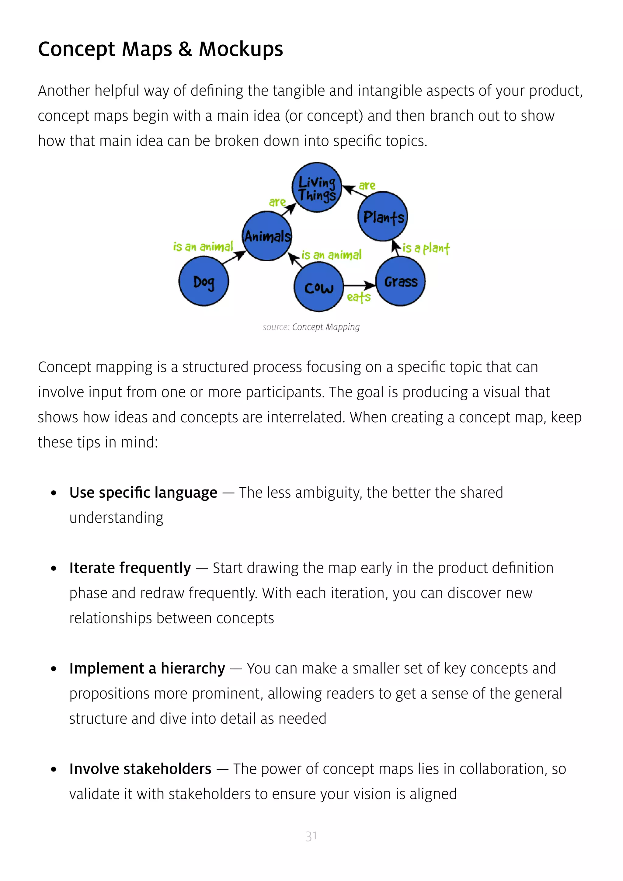 source: Concept Mapping 
31 
Concept Maps & Mockups 
Another helpful way of defining the tangible and intangible aspects of your product, 
concept maps begin with a main idea (or concept) and then branch out to show 
how that main idea can be broken down into specific topics. 
Concept mapping is a structured process focusing on a specific topic that can 
involve input from one or more participants. The goal is producing a visual that 
shows how ideas and concepts are interrelated. When creating a concept map, keep 
these tips in mind: 
• Use specific language — The less ambiguity, the better the shared 
understanding 
• Iterate frequently — Start drawing the map early in the product definition 
phase and redraw frequently. With each iteration, you can discover new 
relationships between concepts 
• Implement a hierarchy — You can make a smaller set of key concepts and 
propositions more prominent, allowing readers to get a sense of the general 
structure and dive into detail as needed 
• Involve stakeholders — The power of concept maps lies in collaboration, so 
validate it with stakeholders to ensure your vision is aligned 
 