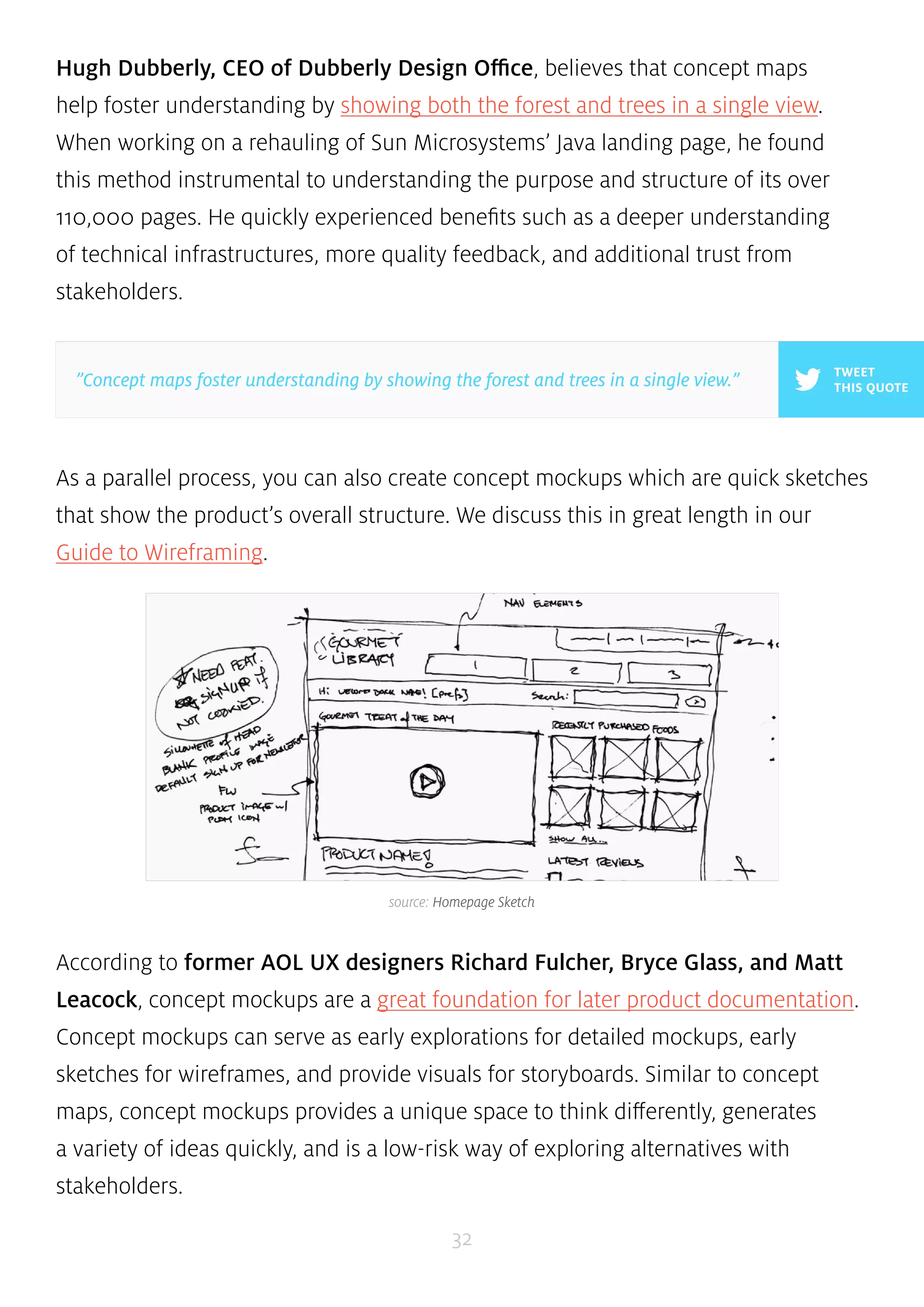 Hugh Dubberly, CEO of Dubberly Design Office, believes that concept maps 
help foster understanding by showing both the forest and trees in a single view. 
When working on a rehauling of Sun Microsystems’ Java landing page, he found 
this method instrumental to understanding the purpose and structure of its over 
110,000 pages. He quickly experienced benefits such as a deeper understanding 
of technical infrastructures, more quality feedback, and additional trust from 
stakeholders. 
As a parallel process, you can also create concept mockups which are quick sketches 
that show the product’s overall structure. We discuss this in great length in our 
Guide to Wireframing. 
According to former AOL UX designers Richard Fulcher, Bryce Glass, and Matt 
Leacock, concept mockups are a great foundation for later product documentation. 
Concept mockups can serve as early explorations for detailed mockups, early 
sketches for wireframes, and provide visuals for storyboards. Similar to concept 
maps, concept mockups provides a unique space to think differently, generates 
a variety of ideas quickly, and is a low-risk way of exploring alternatives with 
stakeholders. 
32 
TWEET 
”Concept maps foster understanding by showing the forest and trees in a single view.” THIS QUOTE 
source: Homepage Sketch 
 
