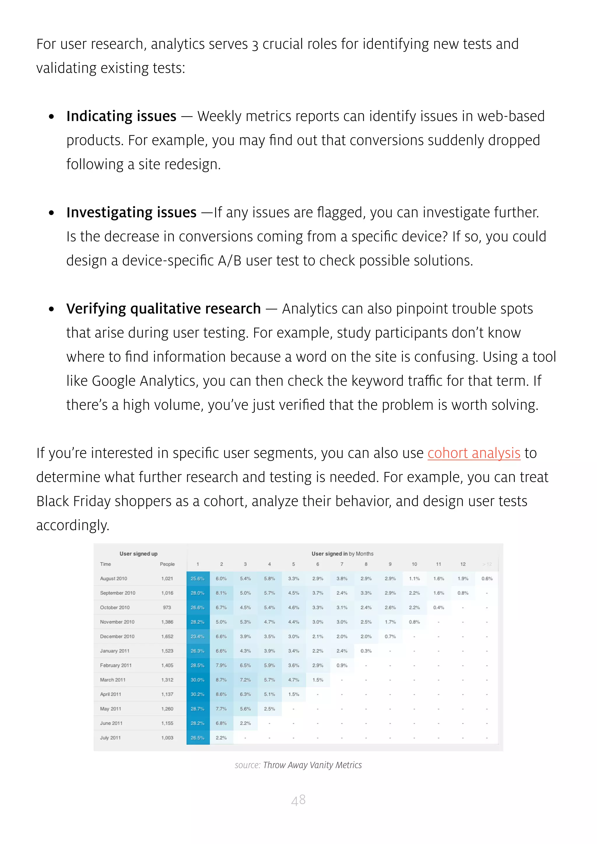 For user research, analytics serves 3 crucial roles for identifying new tests and 
validating existing tests: 
• Indicating issues — Weekly metrics reports can identify issues in web-based 
products. For example, you may find out that conversions suddenly dropped 
following a site redesign. 
• Investigating issues —If any issues are flagged, you can investigate further. 
Is the decrease in conversions coming from a specific device? If so, you could 
design a device-specific A/B user test to check possible solutions. 
• Verifying qualitative research — Analytics can also pinpoint trouble spots 
that arise during user testing. For example, study participants don’t know 
where to find information because a word on the site is confusing. Using a tool 
like Google Analytics, you can then check the keyword traffic for that term. If 
there’s a high volume, you’ve just verified that the problem is worth solving. 
If you’re interested in specific user segments, you can also use cohort analysis to 
determine what further research and testing is needed. For example, you can treat 
Black Friday shoppers as a cohort, analyze their behavior, and design user tests 
accordingly. 
source: Throw Away Vanity Metrics 
48 
 