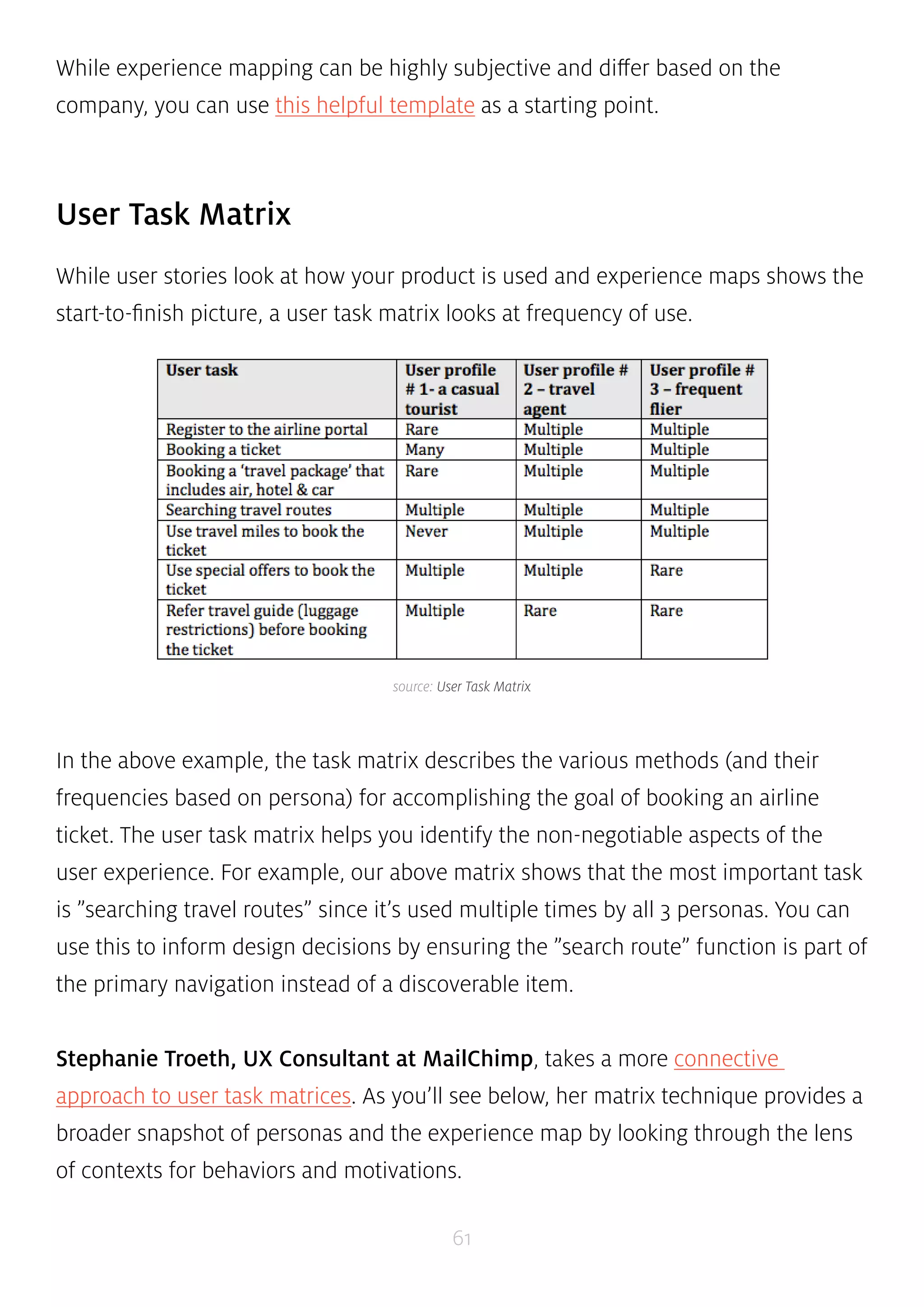 While experience mapping can be highly subjective and differ based on the 
company, you can use this helpful template as a starting point. 
source: User Task Matrix 
61 
User Task Matrix 
While user stories look at how your product is used and experience maps shows the 
start-to-finish picture, a user task matrix looks at frequency of use. 
In the above example, the task matrix describes the various methods (and their 
frequencies based on persona) for accomplishing the goal of booking an airline 
ticket. The user task matrix helps you identify the non-negotiable aspects of the 
user experience. For example, our above matrix shows that the most important task 
is ”searching travel routes” since it’s used multiple times by all 3 personas. You can 
use this to inform design decisions by ensuring the ”search route” function is part of 
the primary navigation instead of a discoverable item. 
Stephanie Troeth, UX Consultant at MailChimp, takes a more connective 
approach to user task matrices. As you’ll see below, her matrix technique provides a 
broader snapshot of personas and the experience map by looking through the lens 
of contexts for behaviors and motivations. 
 