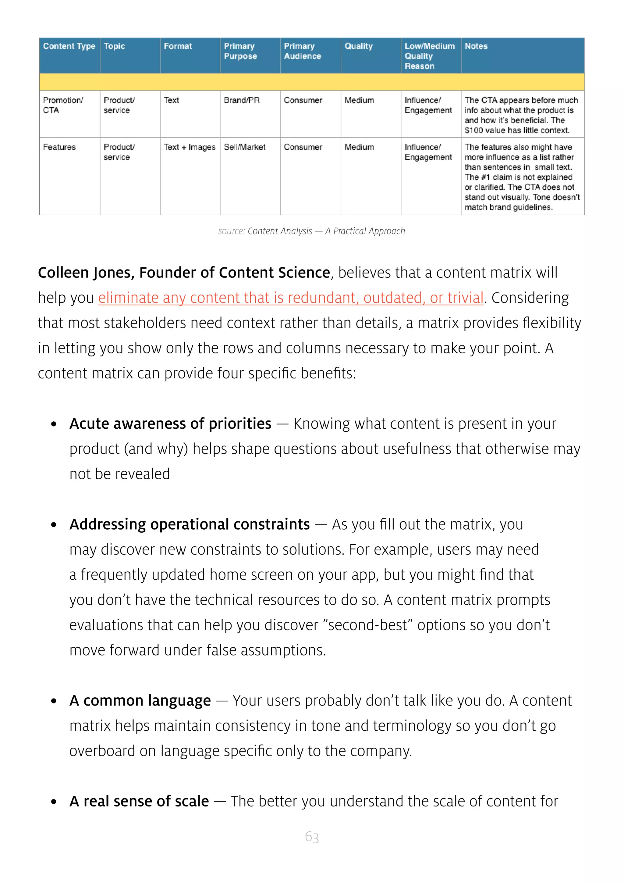 source: Content Analysis — A Practical Approach 
Colleen Jones, Founder of Content Science, believes that a content matrix will 
help you eliminate any content that is redundant, outdated, or trivial. Considering 
that most stakeholders need context rather than details, a matrix provides flexibility 
in letting you show only the rows and columns necessary to make your point. A 
content matrix can provide four specific benefits: 
• Acute awareness of priorities — Knowing what content is present in your 
product (and why) helps shape questions about usefulness that otherwise may 
not be revealed 
• Addressing operational constraints — As you fill out the matrix, you 
may discover new constraints to solutions. For example, users may need 
a frequently updated home screen on your app, but you might find that 
you don’t have the technical resources to do so. A content matrix prompts 
evaluations that can help you discover ”second-best” options so you don’t 
move forward under false assumptions. 
• A common language — Your users probably don’t talk like you do. A content 
matrix helps maintain consistency in tone and terminology so you don’t go 
overboard on language specific only to the company. 
• A real sense of scale — The better you understand the scale of content for 
63 
 