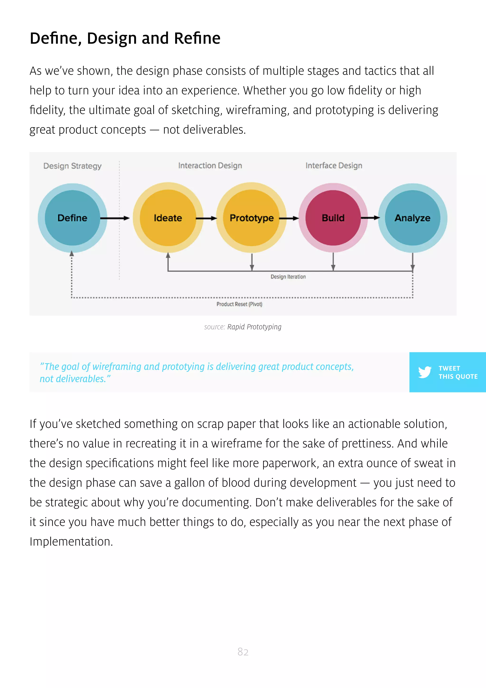 source: Rapid Prototyping 
”The goal of wireframing and prototying is delivering great product concepts, 
not deliverables.” 
82 
Define, Design and Refine 
As we’ve shown, the design phase consists of multiple stages and tactics that all 
help to turn your idea into an experience. Whether you go low fidelity or high 
fidelity, the ultimate goal of sketching, wireframing, and prototyping is delivering 
great product concepts — not deliverables. 
TWEET 
THIS QUOTE 
If you’ve sketched something on scrap paper that looks like an actionable solution, 
there’s no value in recreating it in a wireframe for the sake of prettiness. And while 
the design specifications might feel like more paperwork, an extra ounce of sweat in 
the design phase can save a gallon of blood during development — you just need to 
be strategic about why you’re documenting. Don’t make deliverables for the sake of 
it since you have much better things to do, especially as you near the next phase of 
Implementation. 
 