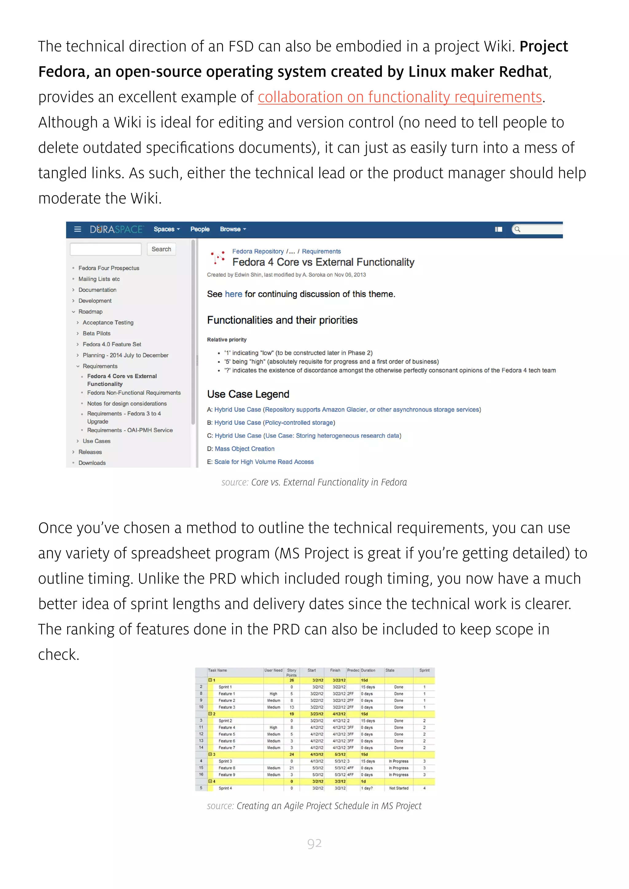 The technical direction of an FSD can also be embodied in a project Wiki. Project 
Fedora, an open-source operating system created by Linux maker Redhat, 
provides an excellent example of collaboration on functionality requirements. 
Although a Wiki is ideal for editing and version control (no need to tell people to 
delete outdated specifications documents), it can just as easily turn into a mess of 
tangled links. As such, either the technical lead or the product manager should help 
moderate the Wiki. 
source: Core vs. External Functionality in Fedora 
Once you’ve chosen a method to outline the technical requirements, you can use 
any variety of spreadsheet program (MS Project is great if you’re getting detailed) to 
outline timing. Unlike the PRD which included rough timing, you now have a much 
better idea of sprint lengths and delivery dates since the technical work is clearer. 
The ranking of features done in the PRD can also be included to keep scope in 
check. 
source: Creating an Agile Project Schedule in MS Project 
92 
 