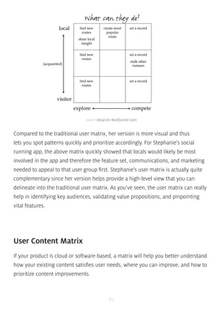 source: Design for Multifaceted Users 
Compared to the traditional user matrix, her version is more visual and thus 
lets ...