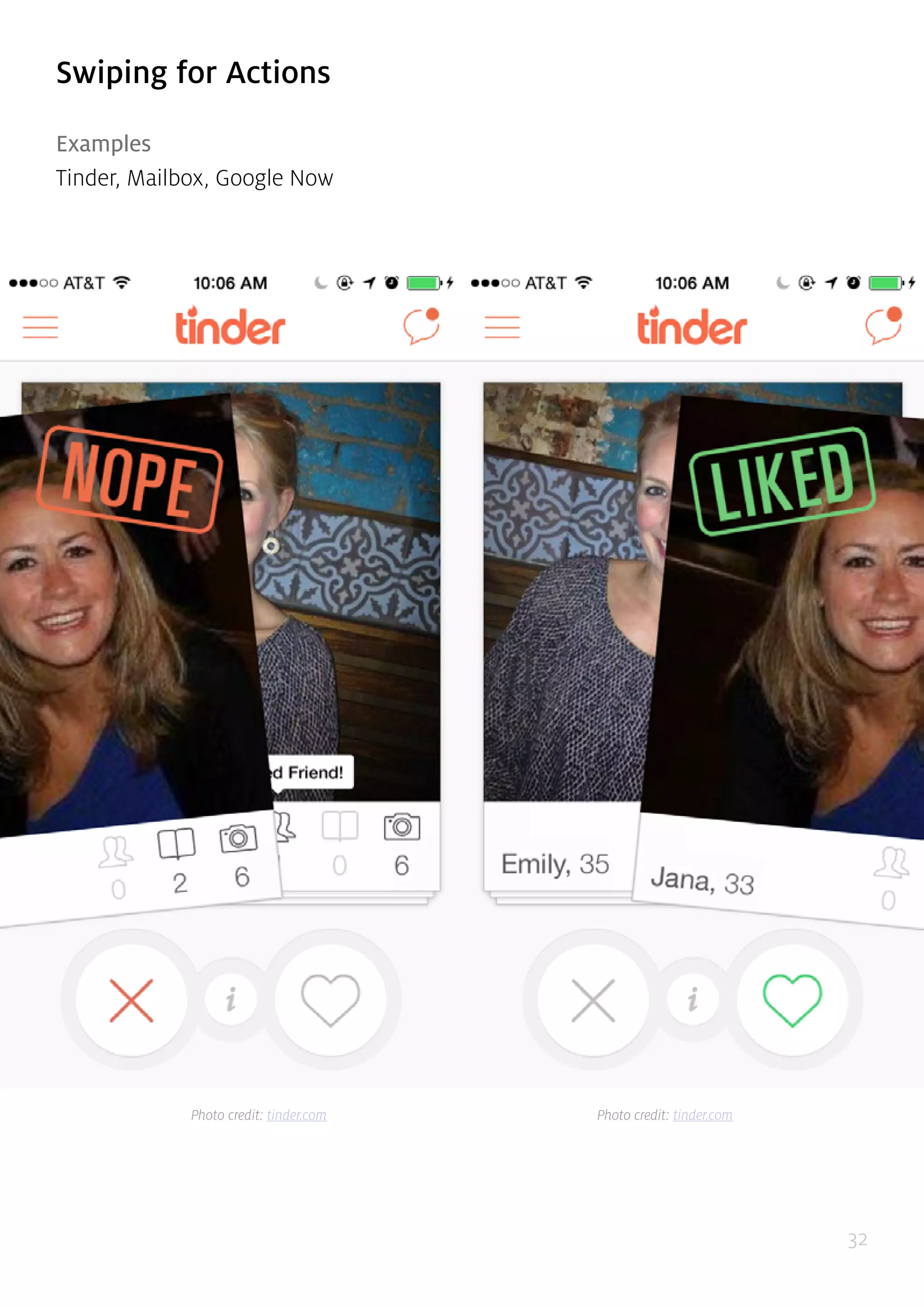32
Swiping for Actions
Examples
Tinder, Mailbox, Google Now
Photo credit: tinder.com Photo credit: tinder.com
 