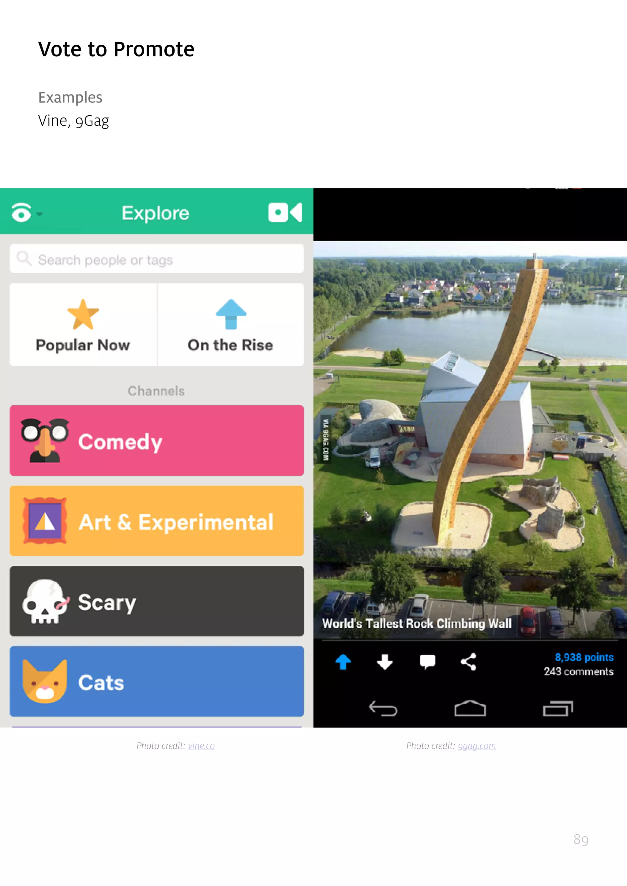 89
Vote to Promote
Examples
Vine, 9Gag
Photo credit: vine.co Photo credit: 9gag.com
 