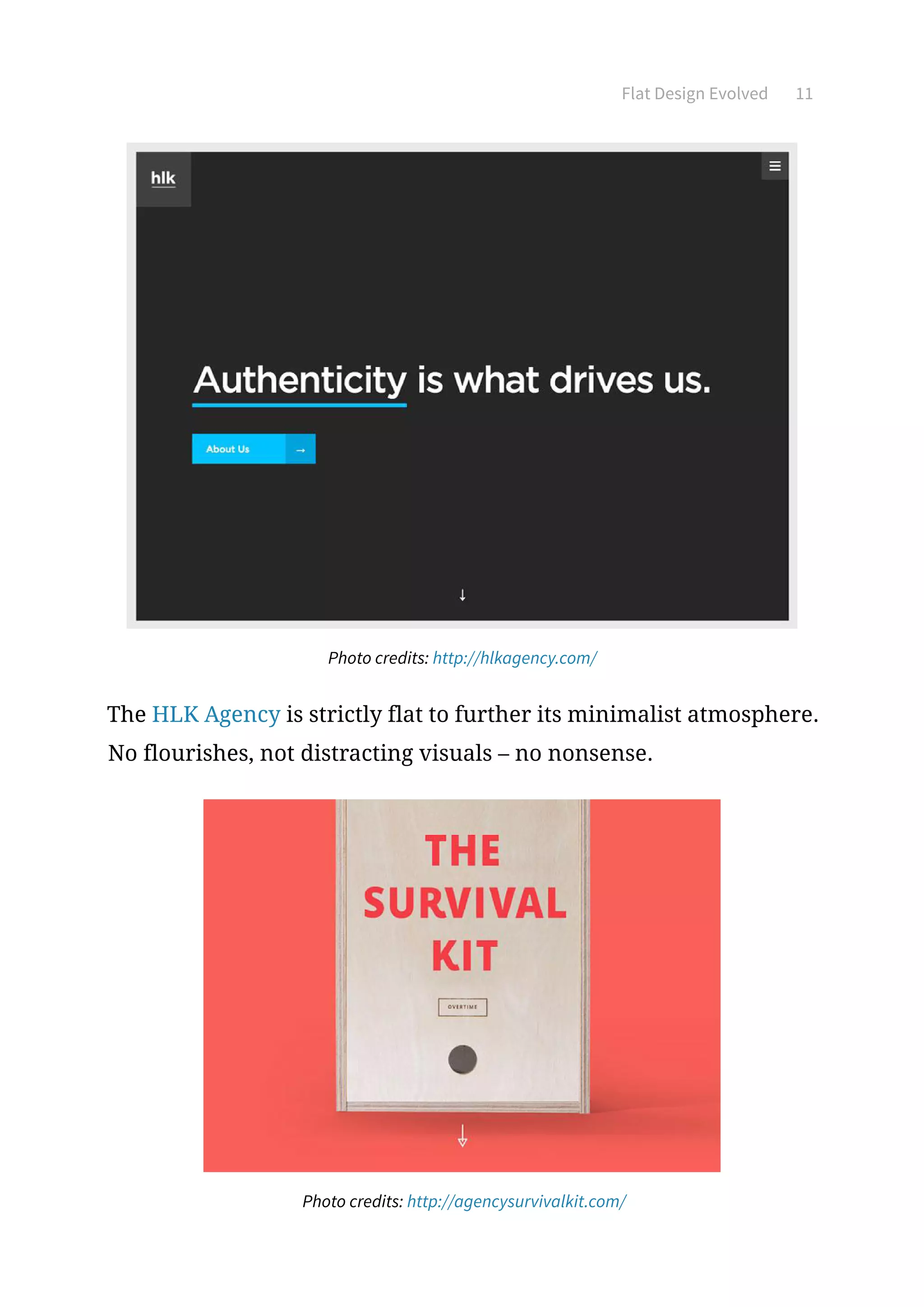 Flat Design Evolved 11
Photo credits: http://hlkagency.com/
The HLK Agency is strictly flat to further its minimalist atmosphere.
No flourishes, not distracting visuals – no nonsense.
Photo credits: http://agencysurvivalkit.com/
 