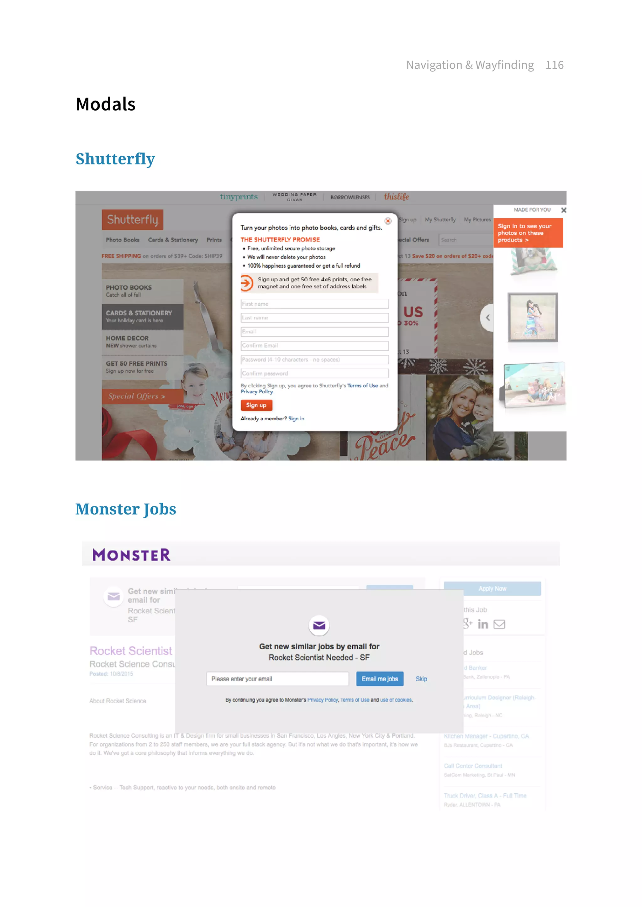 Navigation  Wayfinding 116
Modals
Shutterfly
Monster Jobs
 
