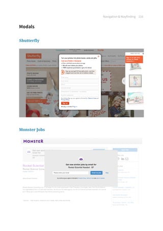 Navigation  Wayfinding 116
Modals
Shutterfly
Monster Jobs
 