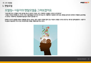 III. UX 모델링
1. 멘탈모델

  모델링= 사용자의 멘탈모델을 그려보겠어요
  “이제 대략 우리 고객들이 어떤 생각을 하는지 짐작이 가네요. 여기 구체적인 사실들도 모았으니까 말이죠.”
  “그래도 아직은 부족합니다. 우리는 모든 사용자들을 리서치 한 게 아닙니다. 개별적인 사실에서 의미 있는 패턴을 읽어내지 못하면 구체화의 늪에 빠질
  수 있어요. 이제부터는 형상화(Imaging)의 과정이 필요합니다.”

  UX에서 리서치 결과를 토대로 모델링을 한다는 의미는 결국 사용자 저변에 깔려 있는 마음속 모형을 드러내 보인다는 얘기와 일맥상통한다. 사용자가
  자신들의 마음속에 가지고 있는 대사에 대한 모형을 ‘멘탈모델’이라고 한다.




                                                                           THE SYS4U PAPER 2013 |   27
 