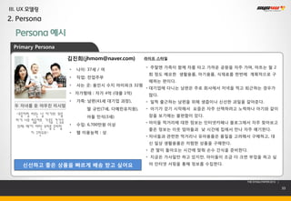 III. UX 모델링
2. Persona

  Persona 예시
 Primary Persona

                        김진희( jhmom@naver.com)       라이프 스타일

                                                    • 주말엔 가족이 함께 차를 타고 가까운 공원을 자주 가며, 마트는 월 2
                        •   나이: 37세 / 여
                                                     회 정도 메모한 생활용품, 아기용품, 식재료를 한번에 계획적으로 구
                        •   직업: 전업주부
                                                     매하는 편이다.
                        •   사는 곳: 용인시 수지 아이파크 32평
                                                    • 대기업에 다니는 남편은 주로 회사에서 저녁을 먹고 퇴근하는 경우가
                        • 자가형태 : 자가 4억 (대출 1억)       많다.
                        •   가족: 남편(41세 대기업 과장),     • 일찍 출근하는 남편을 위해 생즙이나 신선한 과일을 갈아준다.
  두 자녀를 둔 야무진 미시맘
                                딸 규빈(7세, 다예린유치원),   • 아기가 걷기 시작해서 요즘은 자주 산책하려고 노력하나 아기와 같이
  “요즘처럼 비오는 날 아기와 외출            아들 민석(3세)            장을 보기에는 불편함이 있다.
  하기 너무 힘들어요, 가족들 건강을                               • 아이들 먹거리에 대한 정보는 인터넷카페나 블로그에서 자주 찾아보고
                        •   수입: 6,700만원 이상
  위해 매끼 어떤 요리를 준비할                                   좋은 정보는 이웃 엄마들과 낮 시간에 집에서 만나 자주 얘기한다.
        지 고민되요”         •   웹 이용능력 : 상
                                                    • 자녀들과 관련한 먹거리나 유아용품은 품질을 고려해서 구매하고, 대
                                                     신 일상 생활용품은 저렴한 상품을 구매한다.
                                                    • 큰 딸이 돌아오는 시간에 맞춰 손수 간식을 준비한다.
                                                    • 지금은 가사일만 하고 있지만, 아이들이 조금 더 크면 부업을 하고 싶

     신선하고 좋은 상품을 빠르게 배송 받고 싶어요                       어 인터넷 서핑을 통해 정보를 수집한다.



                                                                                   THE SYS4U PAPER 2013 |

                                                                                                            33
 