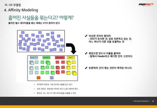 III. UX 모델링
4. Affinity Modeling

  흩어진 사실들을 묶는다고? 어떻게?
  흩어진 필드 데이터들을 묶는 데에는 3가지 원칙이 있다.




                                                         비슷한 것끼리 묶어라
                                                         : 의미가 유사한 것, 상호 의존하고 있는 것,
                                                         어느 하나가 다른 것을 포괄하는 것



                                                         묶었으면 반드시 이름을 붙여라
                                                         : 앞에서 Header라고 얘기한 것이 그것이다.



                                                         토론하라. 단지 묶는 것만이 목적은 아니다.




                 •   의미론적 연관성 : 서로 유사한 내용을 담고 있다.

                 •   상호 의존성 : 연관성은 적지만, 반드시 같이 묶여야 한다.

                 •   종속성 : 어느 하나가 다른 데이터들을 포괄할 수 있다.



                                                                                       THE SYS4U PAPER 2013 |   42
 