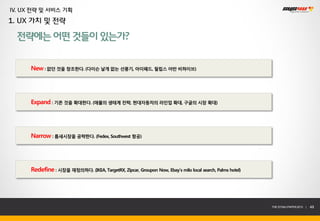 IV. UX 전략 및 서비스 기획
1. UX 가치 및 전략

  전략에는 어떤 것들이 있는가?


      New : 없던 것을 창조한다. (다이슨 날개 없는 선풍기, 아이패드, 필립스 어반 비하이브)




      Expand : 기존 것을 확대한다. (애플의 생태계 전략, 현대자동차의 라인업 확대, 구글의 시장 확대)




      Narrow : 틈새시장을 공략한다. (Fedex, Southwest 항공)




      Redefine : 시장을 재정의하다. (IKEA, TargetRX, Zipcar, Groupon Now, Ebay’s milo local search, Palms hotel)




                                                                                                           THE SYS4U PAPER 2013 |   49
 