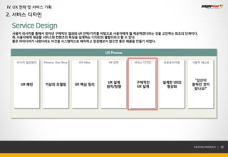 IV. UX 전략 및 서비스 기획
2. 서비스 디자인

  Service Design
  사용자 리서치를 통해서 얻어낸 구체적인 결과와 UX 전략/가치를 바탕으로 사용자에게 뭘 제공하겠다라는 것을 고민하는 최초의 단계이다.
  즉, 사용자에게 제공할 서비스와 컨텐츠의 특징을 설계하는 디자인의 출발이라고 할 수 있다.
  좋은 아이디어가 나왔더라도 이것을 시스템적으로 배치하고 점검해보지 않으면 좋은 제품을 만들기 어렵다.


                                                UX Process

   리서치 결과정리   Persona, User Story    UX Value    UX 전략       서비스 디자인   프로토타이핑    사용자 테스트




                                                                                  “당신이
                                                UX 설계        구체적인      설계한 UX의
     UX 패턴     가상의 모델링              UX 핵심 정리                                     원하던 것이
                                                원칙/방향        UX 설계      형상화
                                                                                  맞나요?”




                                                                                 THE SYS4U PAPER 2013 |   52
 
