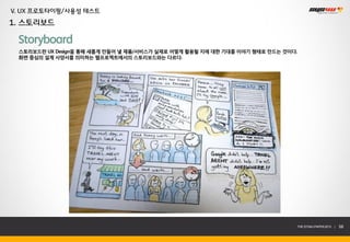 V. UX 프로토타이핑/사용성 테스트
1. 스토리보드

 Storyboard
 스토리보드란 UX Design을 통해 새롭게 만들어 낼 제품/서비스가 실제로 어떻게 활용될 지에 대한 기대를 이야기 형태로 만드는 것이다.
 화면 중심의 설계 사양서를 의미하는 웹프로젝트에서의 스토리보드와는 다르다.




                                                                             THE SYS4U PAPER 2013 |   58
 