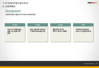 V. UX 프로토타이핑/사용성 테스트
1. 스토리보드

 Storyboard
 스토리보드에는 다음의 4가지가 반드시 담겨야 한다.




       Context              People            Activity       Tools

   이야기가 전개될 배경,        일반 사용자를 지칭하거       행동 뿐만 아니라      구체적이며 특징적인
   상황, 시간 등을 미리        나 특정 Persona를 지정   말이나 생각도 포함됨    서비스가 언급되어야 함
   설명




                                                                THE SYS4U PAPER 2013 |   59
 