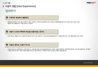 I. UX 기본
1. 사용자 경험 (User Experience)

  정리하기

   1   구체적인 현실에서 출발한다.

   → 총체적임 측면에서 서비스를 고려한다고 해도 사용자의 구체적인 현실(컨텍스트/니즈/동기/이용행태)을 모르고서는 좋은 UX가 나올 수 없다.
     때문에 UX는 출발부터가 사용자로부터 시작된다.




   2   사용자 니즈에 주목하여 혁신을 만들어내는 것이다.

   → UX의 목표는 탁월한 서비스, 열광적인 즐겨찾기이다. 또한 사용자의 니즈(Unmet Needs)를 찾아서 그것을 만족시키는 서비스를 만들어 내는 것이다.




   2   사용성, 창의성, 기술이 아니다.

   → 사용자 중심으로 설계하겠다는 마음가짐이나, 사용자를 위해서 창의성을 발휘하겠다, 새로운 기술을 적용하여 사용자에게 편리한 서비스를 만들겠다는 얘기들은
     다 좋은 얘기이긴 하나 “진짜 사용자 경험이 뭐냐는 것에 대해서는” 구체적인 How-to가 없는 공허한 다짐일 뿐이다.




                                                                                         THE SYS4U PAPER 2013 |   7
 