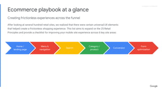 Proprietary + ConfidentialProprietary + Confidential
Ecommerce playbook at a glance
Creating frictionless experiences across the funnel
After looking at several hundred retail sites, we realized that there were certain universal UX elements
that helped create a frictionless shopping experience. This list aims to expand on the 25 Retail
Principles and provide a checklist for improving your mobile site experience across 6 key site areas:
Menu &
navigation
Search
Category /
product
Home /
landing page
Conversion
Form
optimization
 