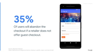 Proprietary + ConfidentialProprietary + Confidential
Of users will abandon the
checkout if a retailer does not
offer guest checkout.
35%
Source: Baymard Institute:
https://baymard.com/blog/ecommerce-checkout-usability-report-and-benchmark
 