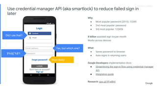 Proprietary + ConfidentialProprietary + Confidential
Why:
● Most popular password (2015): 12345
● 2nd most popular: password
● 3rd most popular: 123456
8 billion assisted sign ins per month
Works across devices
What:
● Saves password to browser
● Auto-signs in returning users
Google Developers implementation docs:
● Streamlining the sign-in flow using credential manager
API
● Integration guide
Research: goo.gl/9FwBh4
Password
Forgot password?
Login
LOGIN
Don’t have an account?
Sign up!
Did I use that?
$%&§”%$?!
Most likely!
Yes, but which one?Email address
Use credential manager API (aka smartlock) to reduce failed sign in
later
 