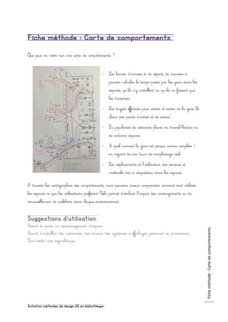 Initiation méthodes de design UX en bibliothèque
Ficheméthode:Cartedecomportements
Fiche méthode : Carte de comportements
Que peut-on noter sur une carte de comportements ?
- Les heures d’arrivée et de départ, de manière à
pouvoir calculer le temps passé par les gens dans les
espaces, qu’ils s’y installent ou qu’ils ne fassent que
les traverser.
- Les trajets effectués pour entrer et sortir de la zone (le
choix des points d’entrée et de sortie) .
- La popularité de certaines places de travail/lecture ou
de certains espaces.
- À quel moment la zone est perçue comme complète /
en regard de son taux de remplissage réel.
- Les déplacements et l’utilisation des services et
matériels mis à disposition dans les espaces.
À travers les cartographies des comportements, nous pouvons mieux comprendre comment sont utilisés
les espaces ce que les utilisateurs préfèrent. Cela permet d’évaluer l’impact des aménagements ou du
renouvellement de mobiliers dans chaque environnement.
Suggestions d’utilisation
Avant et après un réaménagement d’espace.
Avant d’installer des automates, des écrans, des systèmes d’affichages pérennes ou provisoires.
Pour tester une signalétique.
 