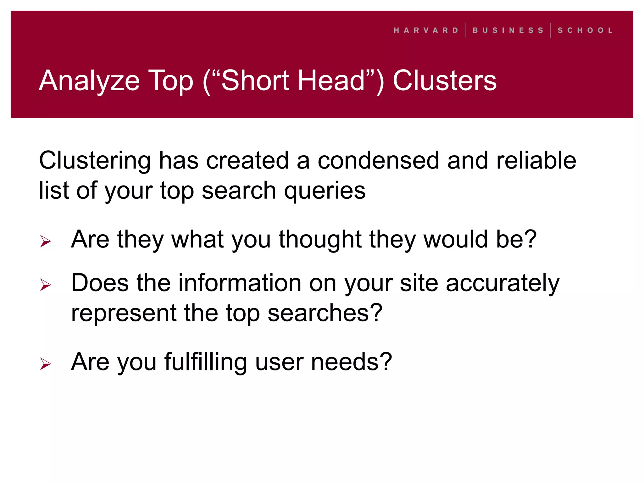 Analyze Top (“Short Head”) Clusters
Clustering has created a condensed and reliable
list of your top search queries
 Are they what you thought they would be?
 Does the information on your site accurately
represent the top searches?
 Are you fulfilling user needs?
 