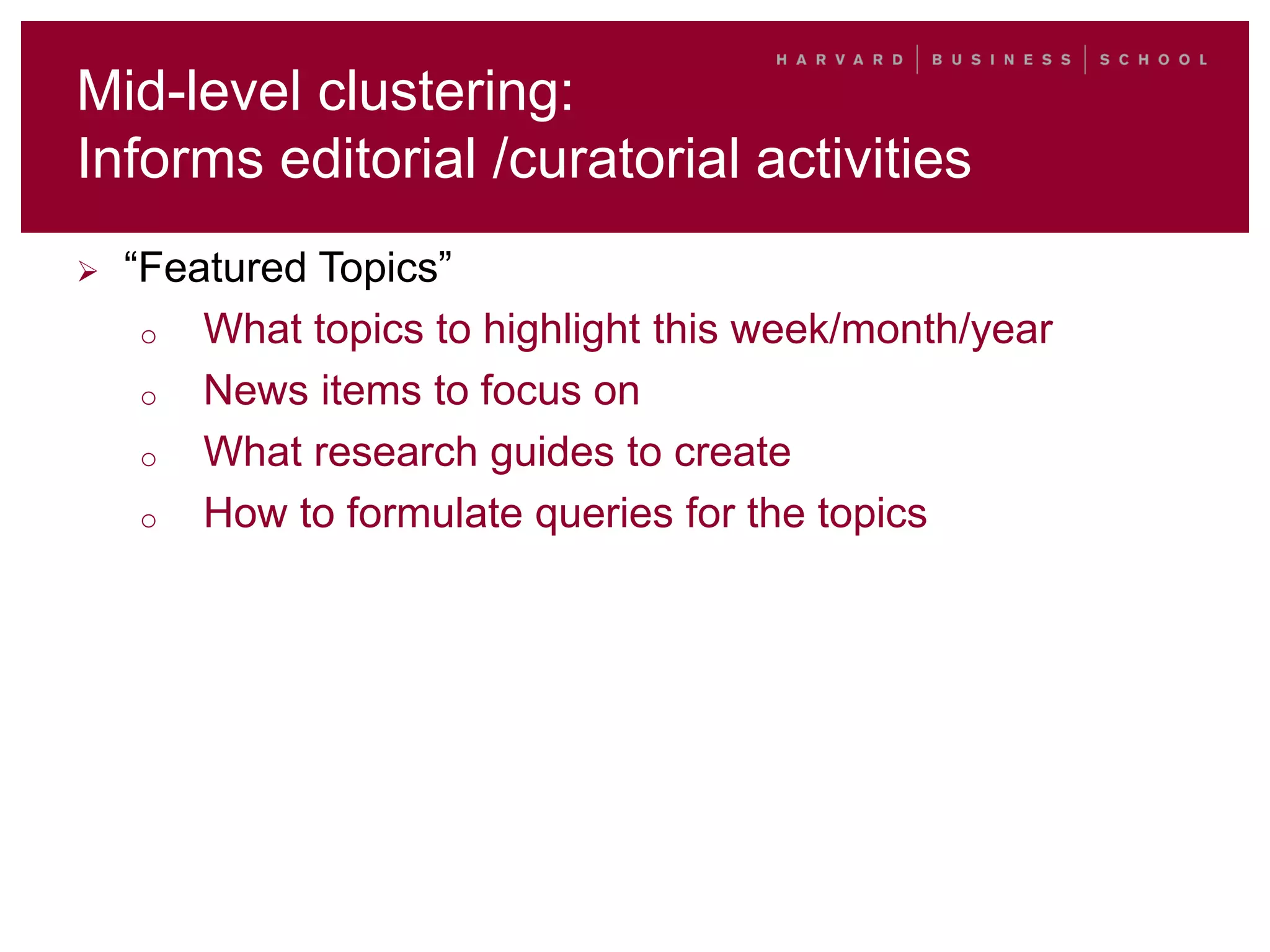 Mid-level clustering:
Informs editorial /curatorial activities
 “Featured Topics”
o What topics to highlight this week/month/year
o News items to focus on
o What research guides to create
o How to formulate queries for the topics
 