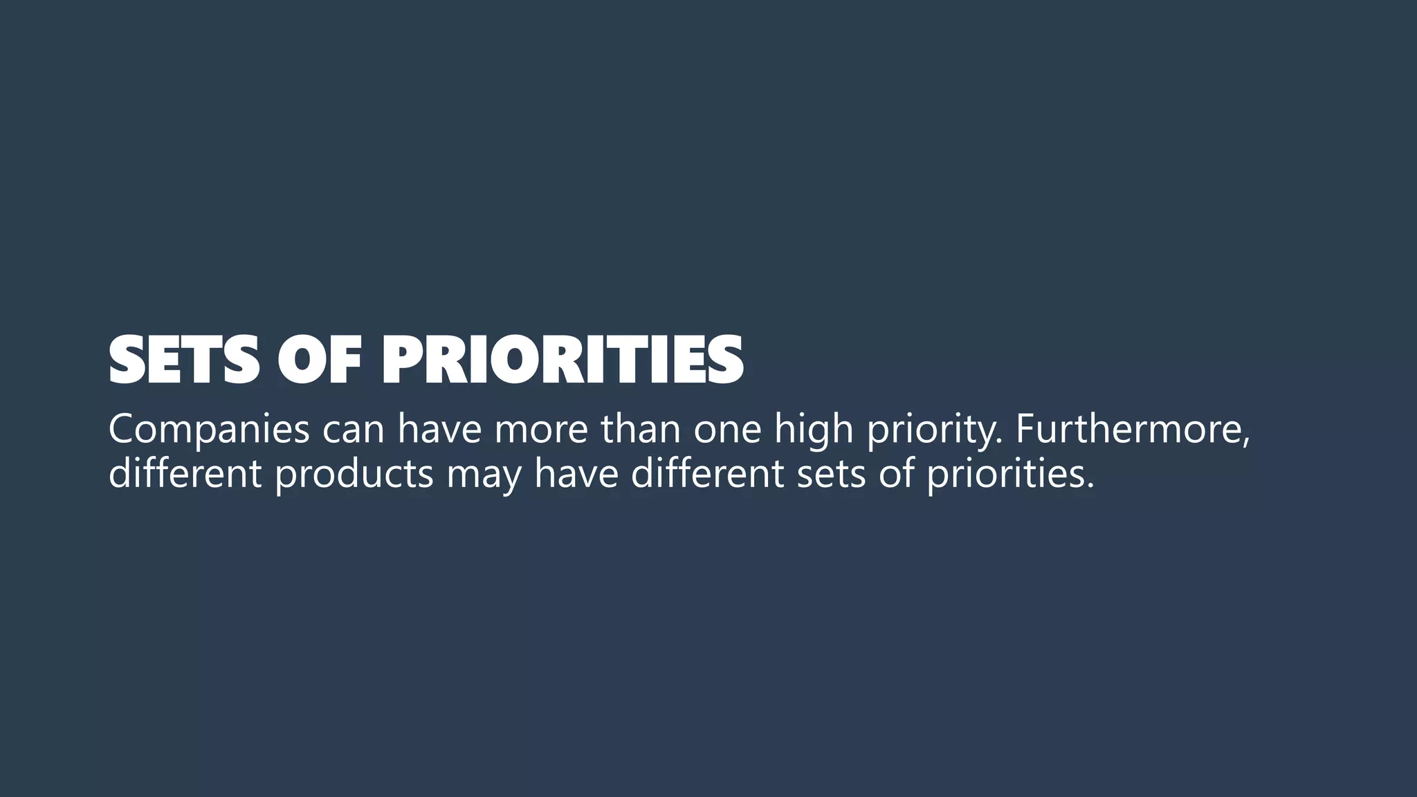 SETS OF PRIORITIES
Companies can have more than one high priority. Furthermore,
different products may have different sets of priorities.
 
