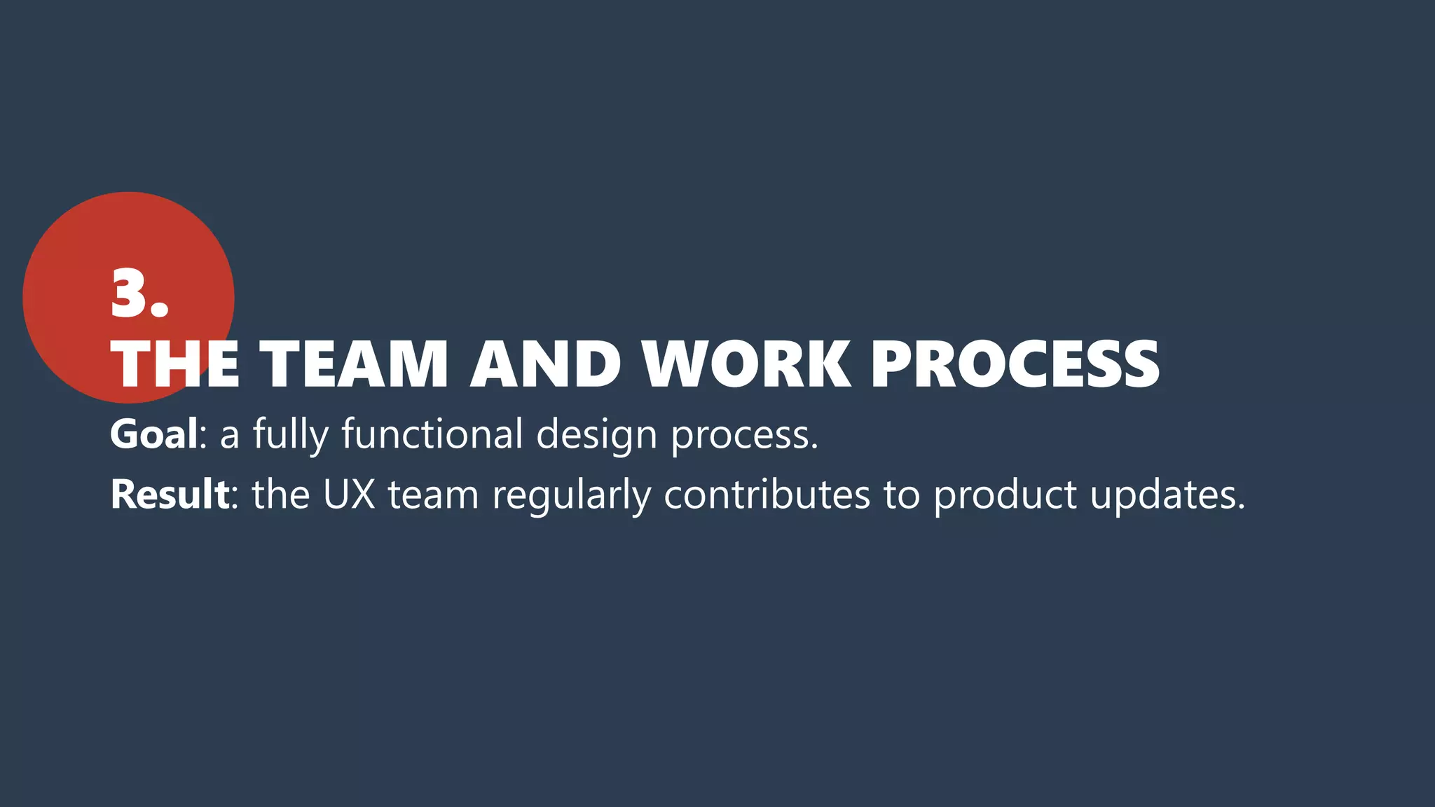 3.
THE TEAM AND WORK PROCESS
Goal: a fully functional design process.
Result: the UX team regularly contributes to product updates.
 
