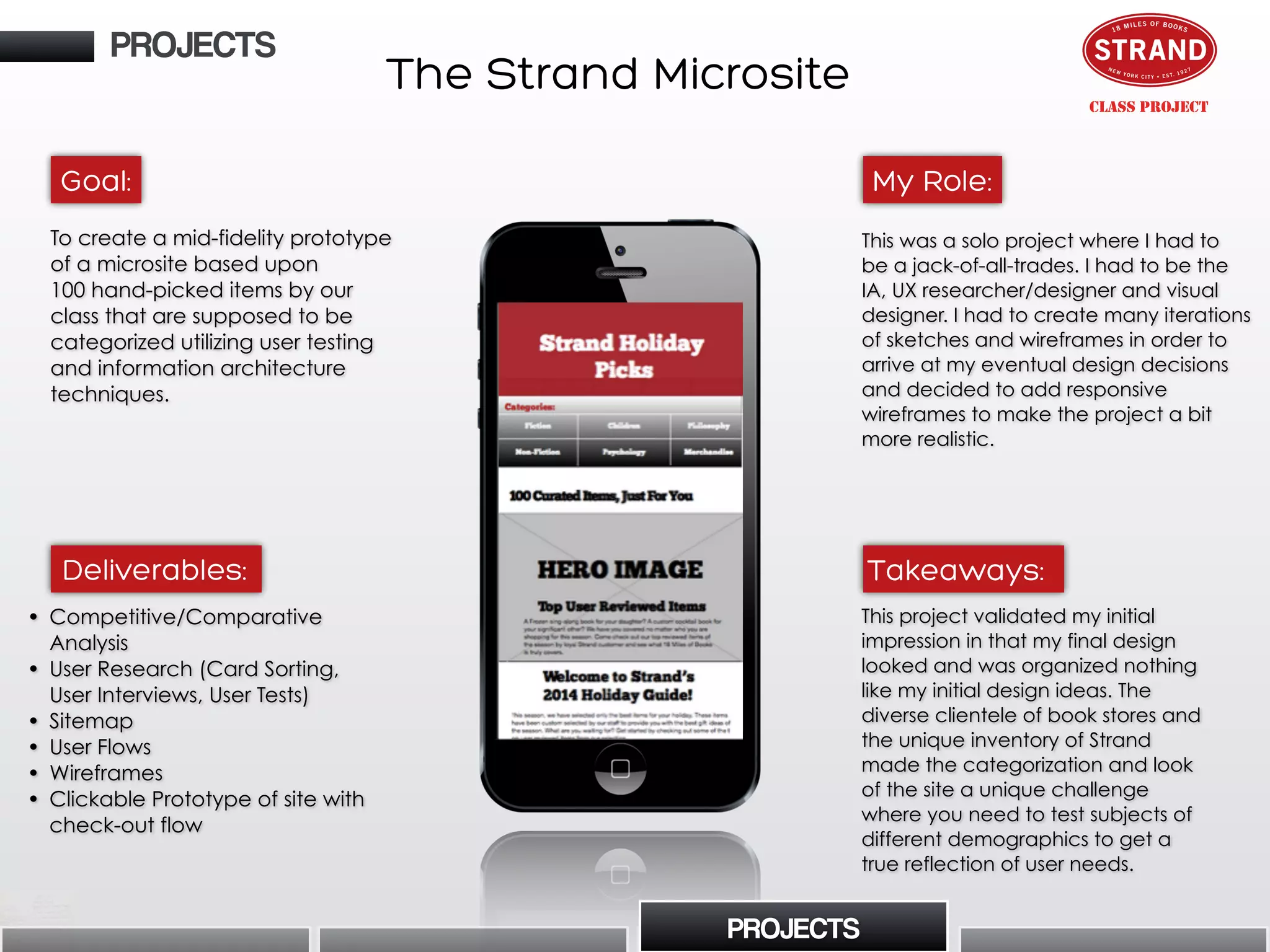 To create a mid-fidelity prototype
of a microsite based upon
100 hand-picked items by our
class that are supposed to be
categorized utilizing user testing
and information architecture
techniques.
• Competitive/Comparative
Analysis
• User Research (Card Sorting,
User Interviews, User Tests)
• Sitemap
• User Flows
• Wireframes
• Clickable Prototype of site with
check-out flow
This was a solo project where I had to
be a jack-of-all-trades. I had to be the
IA, UX researcher/designer and visual
designer. I had to create many iterations
of sketches and wireframes in order to
arrive at my eventual design decisions
and decided to add responsive
wireframes to make the project a bit
more realistic.
This project validated my initial
impression in that my final design
looked and was organized nothing
like my initial design ideas. The
diverse clientele of book stores and
the unique inventory of Strand
made the categorization and look
of the site a unique challenge
where you need to test subjects of
different demographics to get a
true reflection of user needs.
Goal:
Deliverables:
My Role:
Takeaways:
PROJECTS
PROJECTS
CLASS PROJECT
The Strand Microsite
 