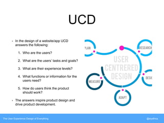 UCD 
• In the design of a website/app UCD 
answers the following: 
1. Who are the users? 
2. What are the users’ tasks and goals? 
3. What are their experience levels? 
4. What functions or information for the 
users need? 
5. How do users think the product 
should work? 
• The answers inspire product design and 
drive product development. 
The User Experience Design of Everything @siyafrica 
 