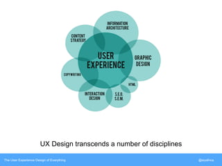 UX Design transcends a number of disciplines 
The User Experience Design of Everything @siyafrica 
 