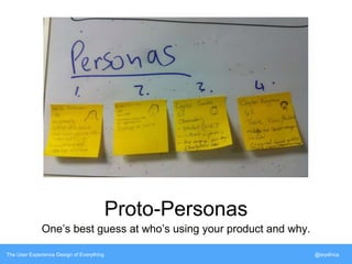 Proto-Personas 
One’s best guess at who’s using your product and why. 
The User Experience Design of Everything @siyafrica 
 