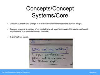 Concepts/Concept 
Systems/Core 
• Concept: An idea for a change in a human environment that follows from an insight. 
• Concept systems: a number of concepts that work together in concert to create a coherent 
improvement to a collective human condition. 
• E.g) shopfront stores. 
The User Experience Design of Everything @siyafrica 
 