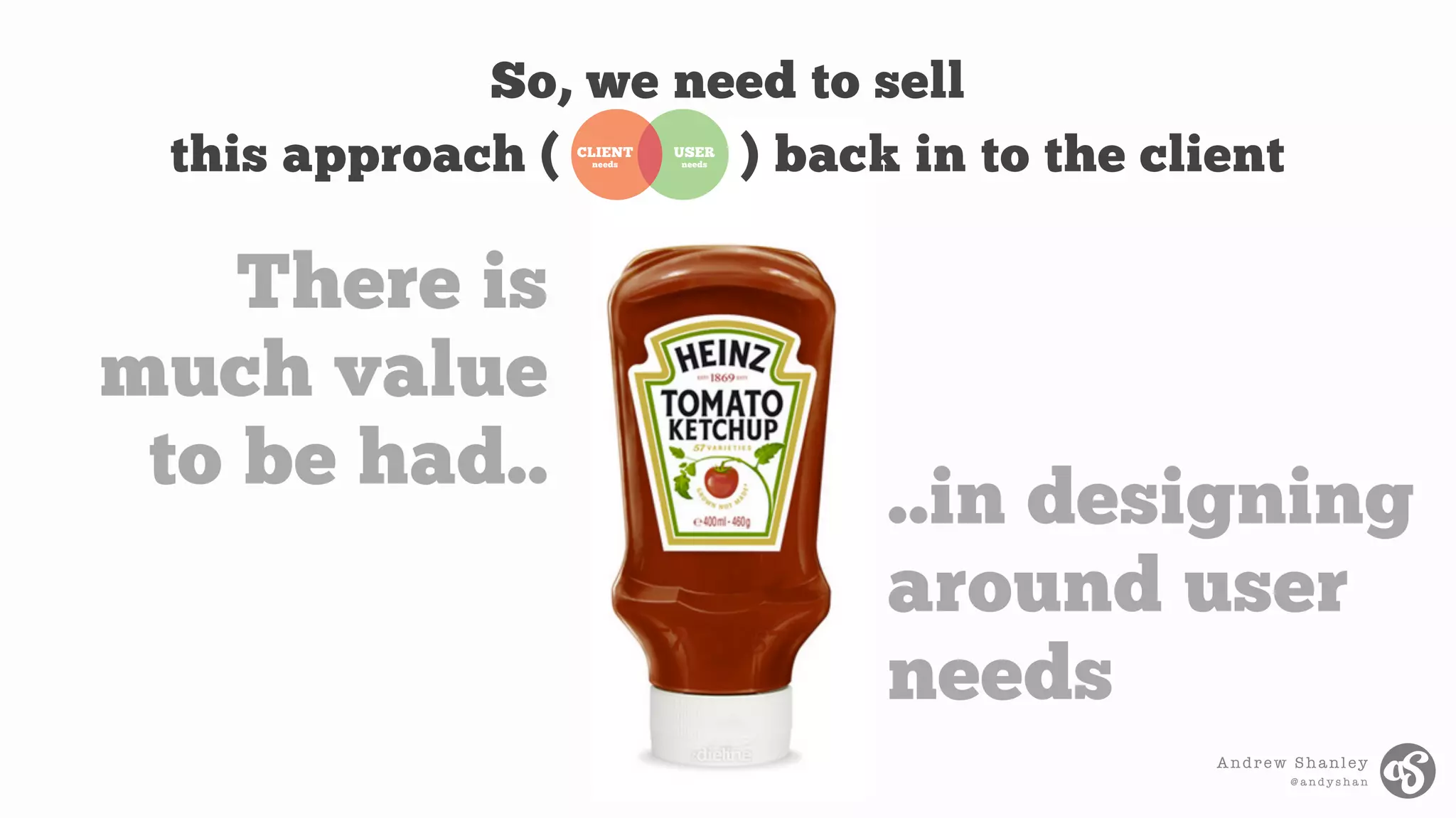 Andrew Shanley
@ a n d y s h a n
So, we need to sell
this approach ( ) back in to the client
There is
much value
to be had..
..in designing
around user
needs
USER
needs
CLIENT
needs
 