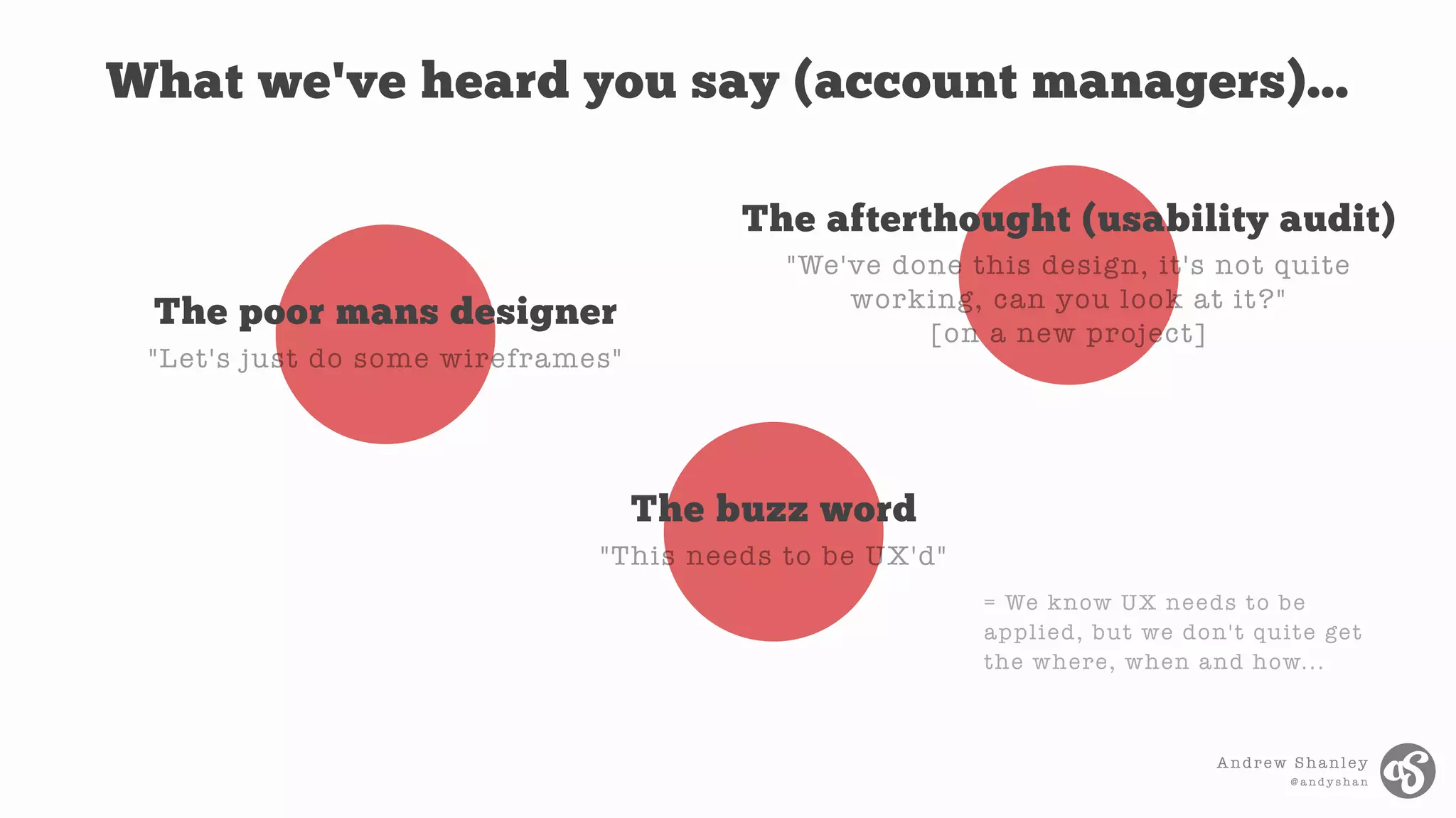 Andrew Shanley
@ a n d y s h a n
What we've heard you say (account managers)...
"Let's just do some wireframes"
The poor mans designer
"This needs to be UX'd"
The buzz word
"We've done this design, it's not quite
working, can you look at it?"
[on a new project]
The afterthought (usability audit)
= We know UX needs to be
applied, but we don't quite get
the where, when and how...
 