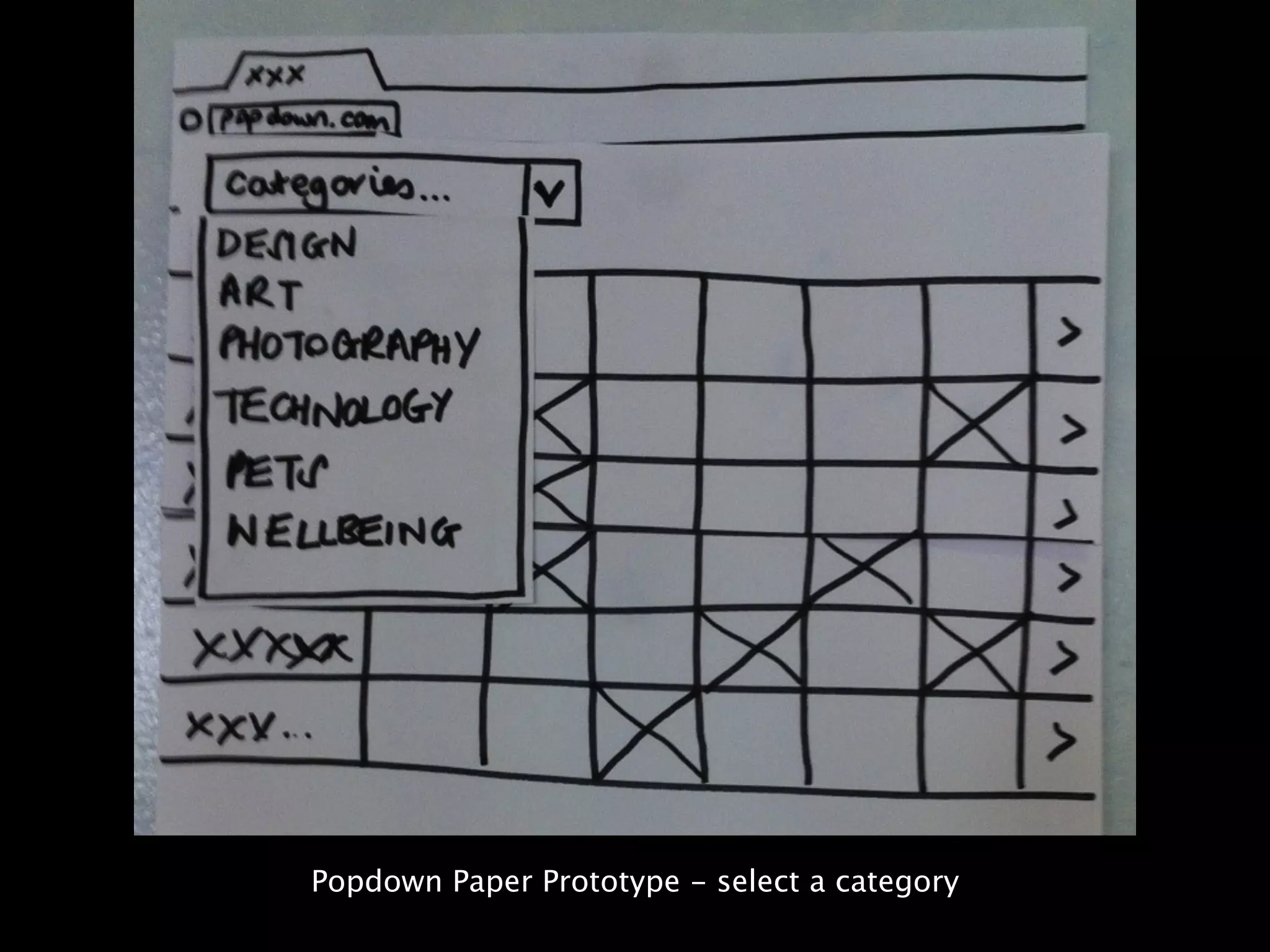 Popdown Paper Prototype - select a category
 