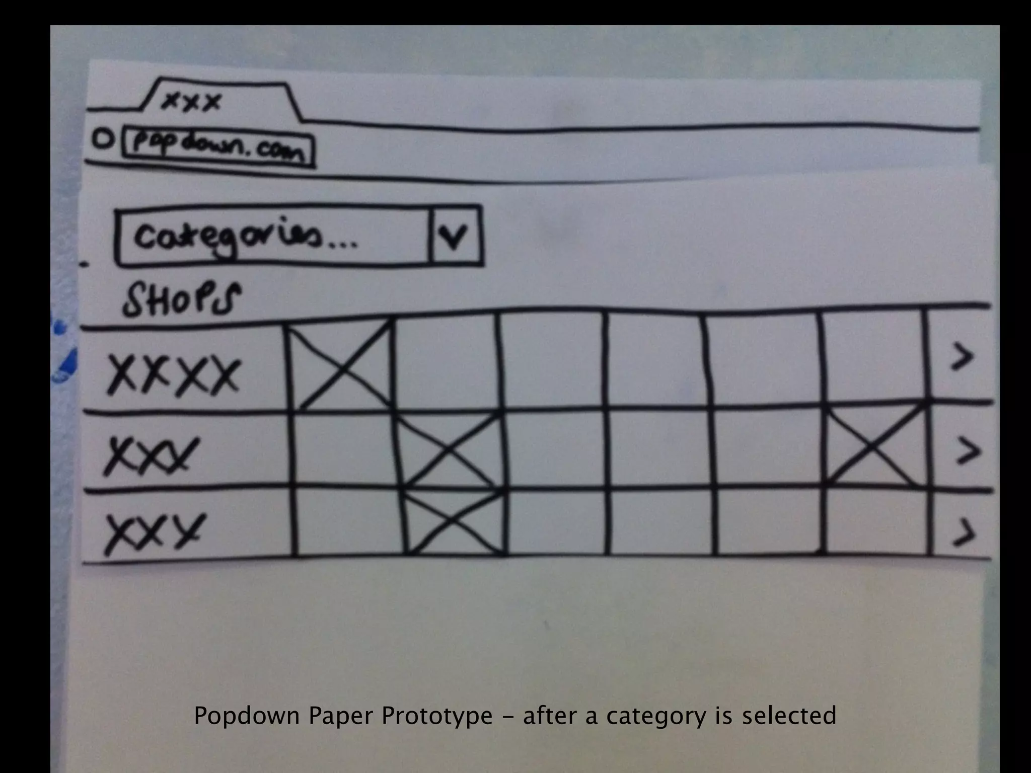 Popdown Paper Prototype - after a category is selected
 