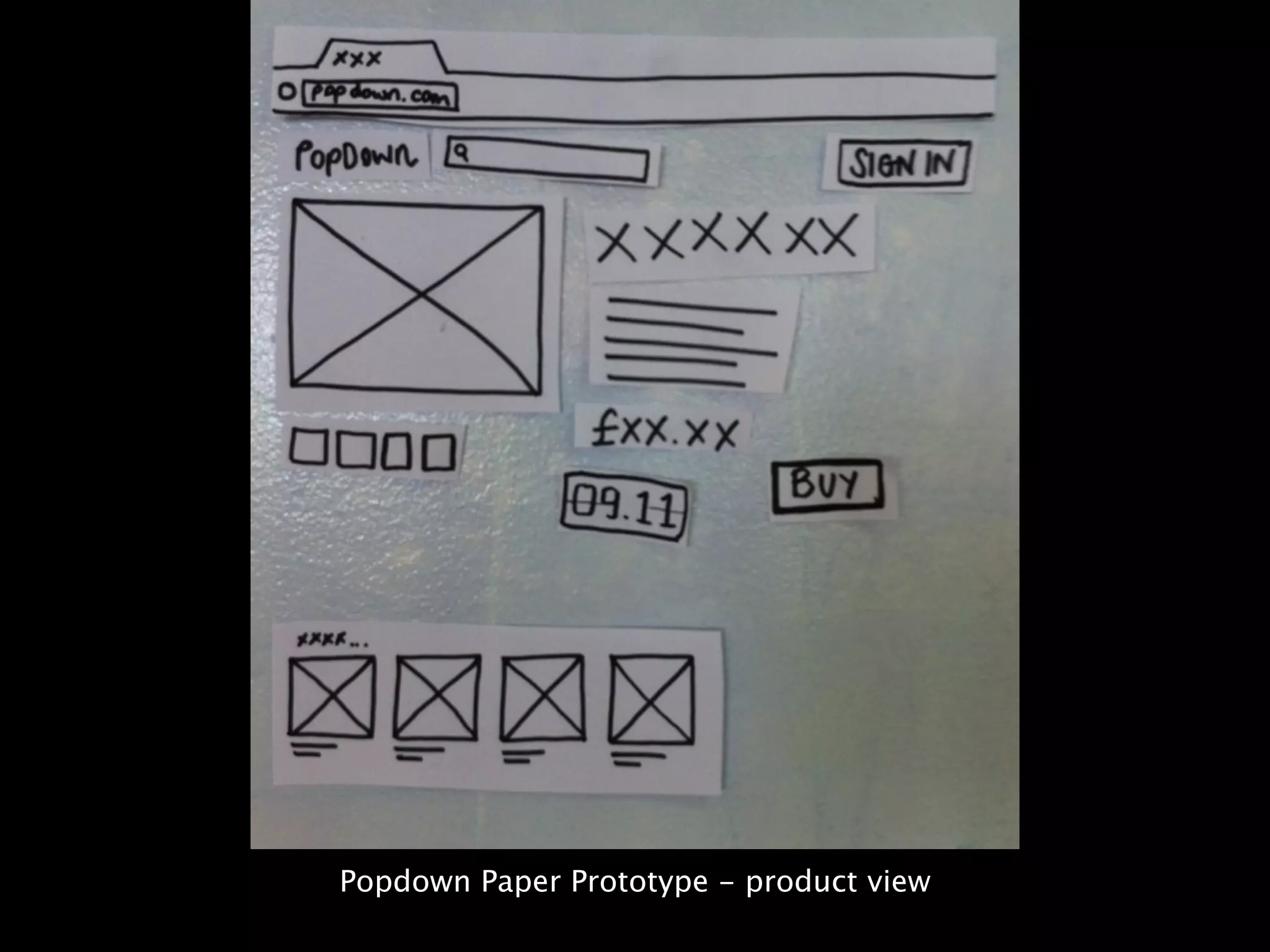Popdown Paper Prototype - product view
 