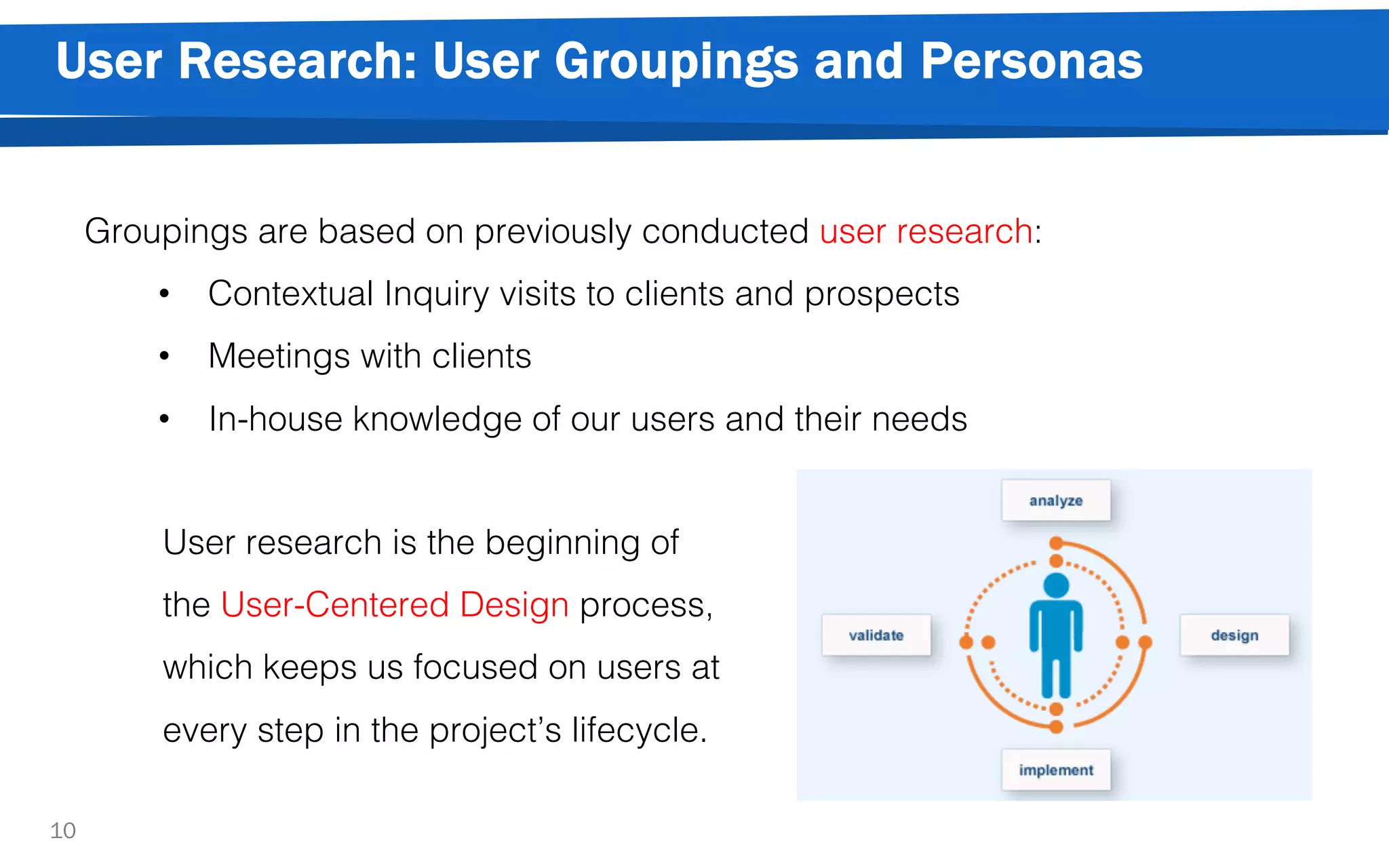 User Research: User Groupings and Personas
10
Groupings are based on previously conducted user research:
• Contextual Inquiry visits to clients and prospects
• Meetings with clients
• In-house knowledge of our users and their needs
User research is the beginning of
the User-Centered Design process,
which keeps us focused on users at
every step in the project’s lifecycle.
 