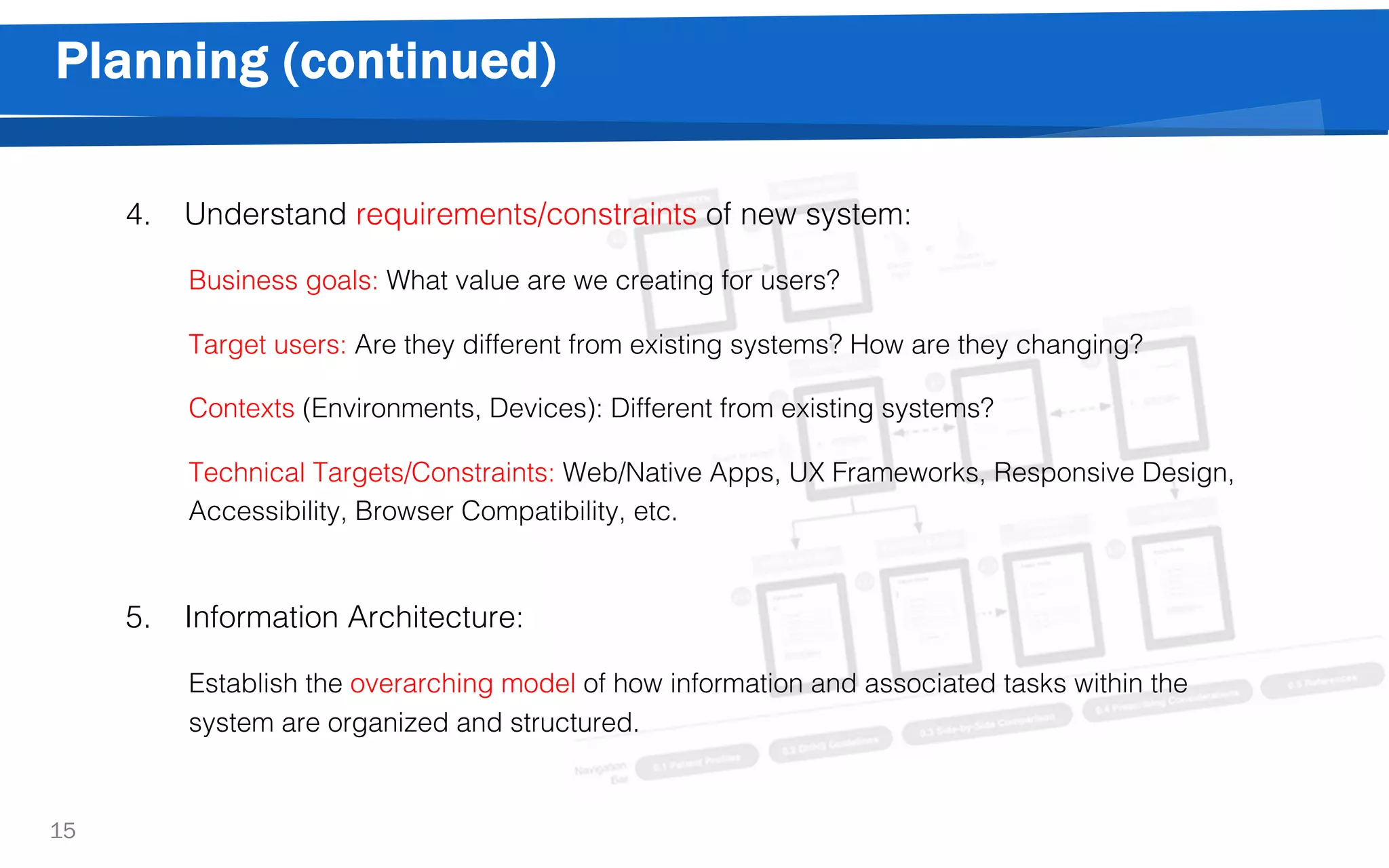 Planning (continued)
15
4. Understand requirements/constraints of new system:
Business goals: What value are we creating for users?
Target users: Are they different from existing systems? How are they changing?
Contexts (Environments, Devices): Different from existing systems?
Technical Targets/Constraints: Web/Native Apps, UX Frameworks, Responsive Design,
Accessibility, Browser Compatibility, etc.
5. Information Architecture:
Establish the overarching model of how information and associated tasks within the
system are organized and structured.
 