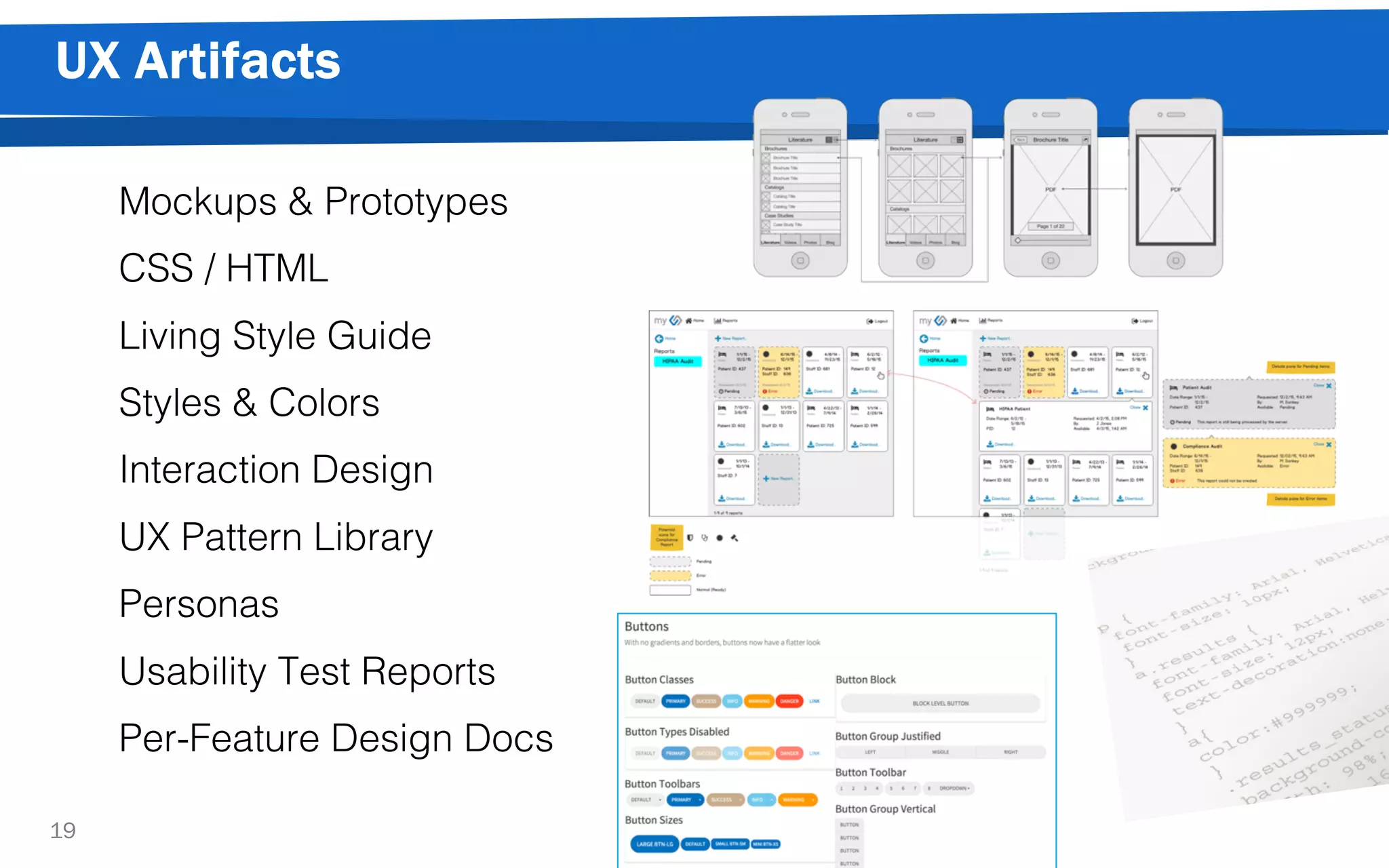 UX Artifacts
19
Mockups & Prototypes
CSS / HTML
Living Style Guide
Styles & Colors
Interaction Design
UX Pattern Library
Personas
Usability Test Reports
Per-Feature Design Docs
 