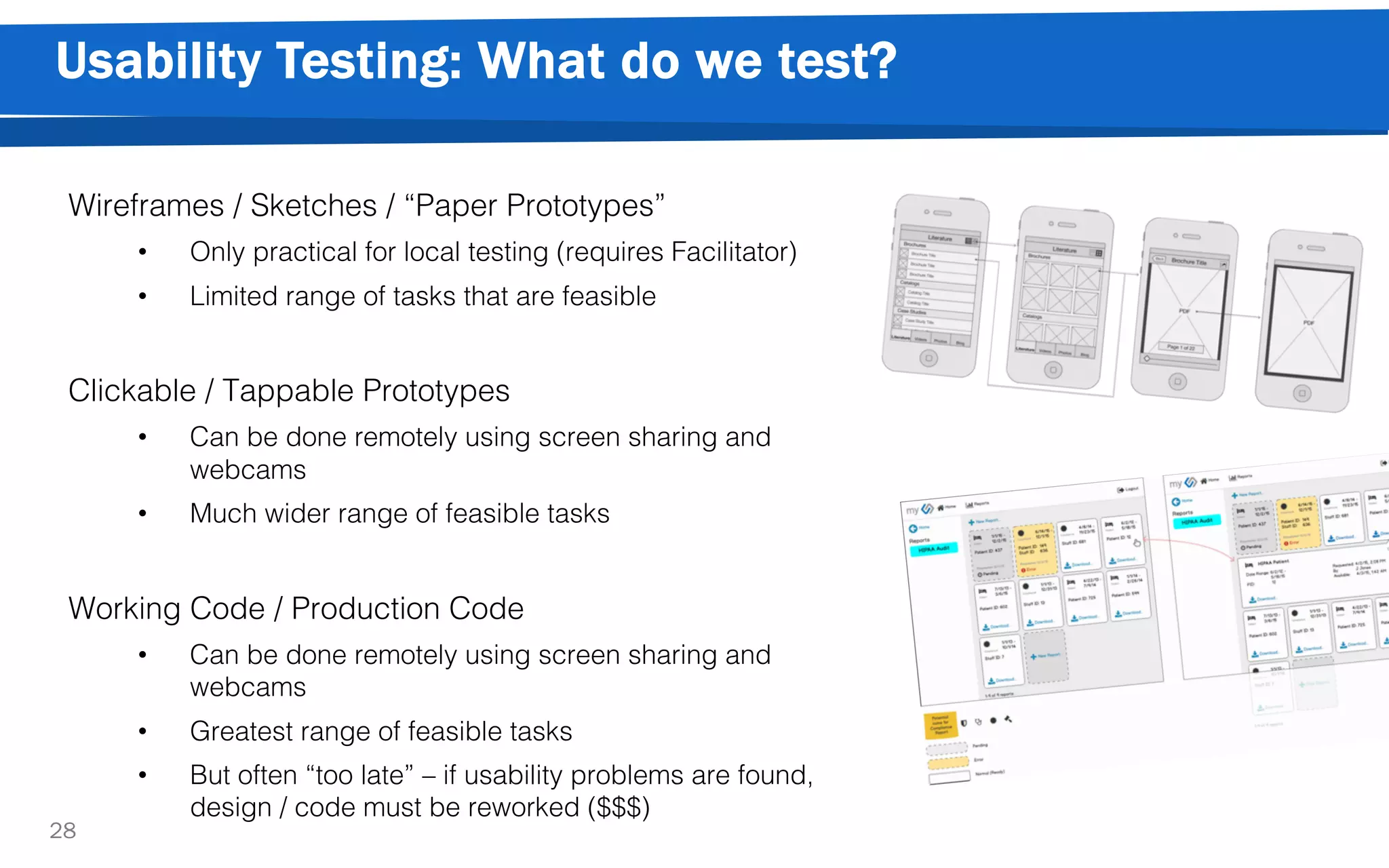 Usability Testing: What do we test?
28
Wireframes / Sketches / “Paper Prototypes”
• Only practical for local testing (requires Facilitator)
• Limited range of tasks that are feasible
Clickable / Tappable Prototypes
• Can be done remotely using screen sharing and
webcams
• Much wider range of feasible tasks
Working Code / Production Code
• Can be done remotely using screen sharing and
webcams
• Greatest range of feasible tasks
• But often “too late” – if usability problems are found,
design / code must be reworked ($$$)
 
