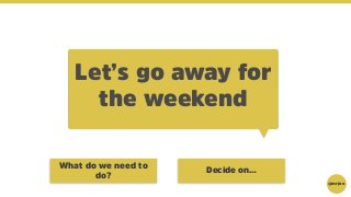 @mrjoe
Let’s go away for
the weekend
Decide on…
What do we need to
do?
 