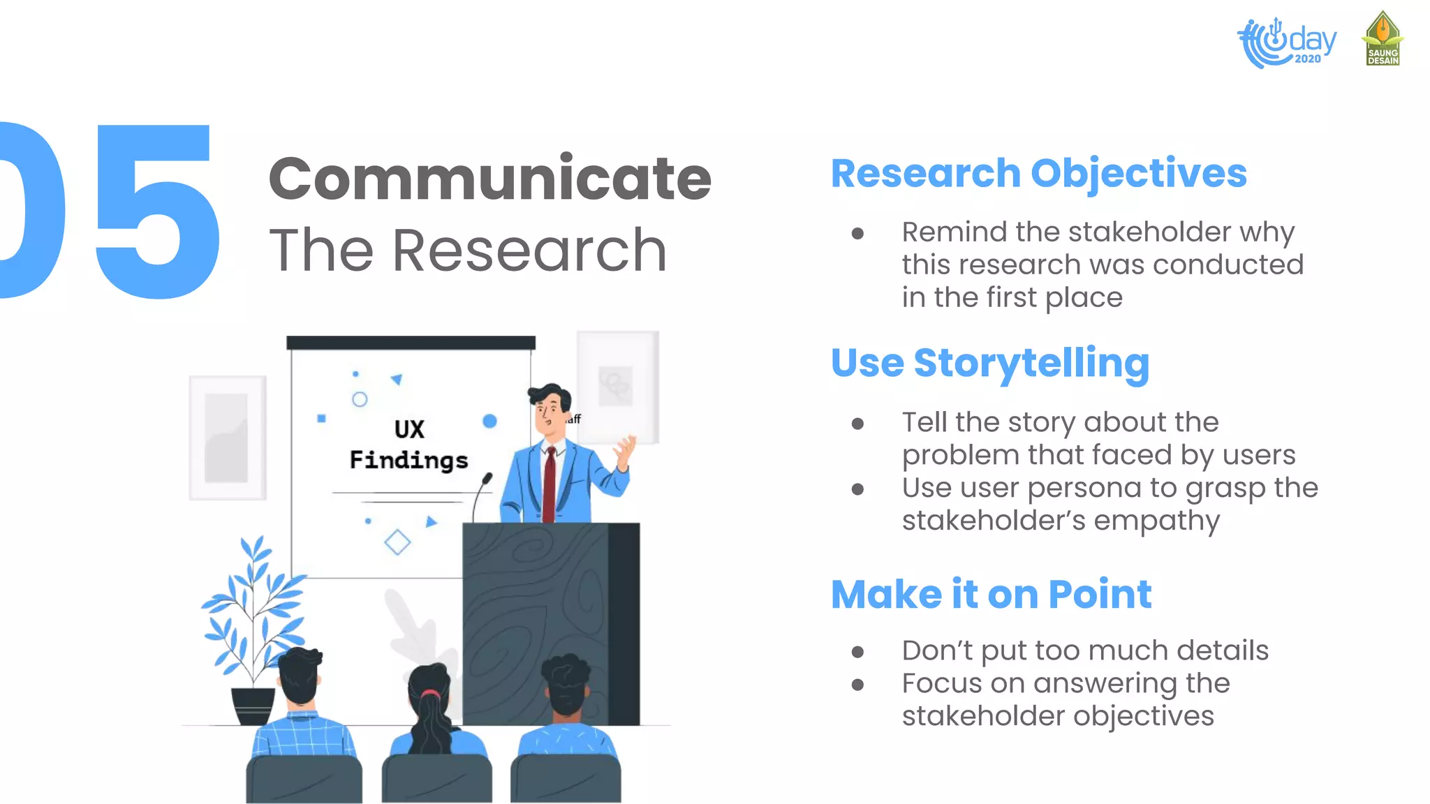05 Communicate
The Research
Research Objectives
Use Storytelling
Make it on Point
● Remind the stakeholder why
this research was conducted
in the first place
● Tell the story about the
problem that faced by users
● Use user persona to grasp the
stakeholder’s empathy
● Don’t put too much details
● Focus on answering the
stakeholder objectives
 