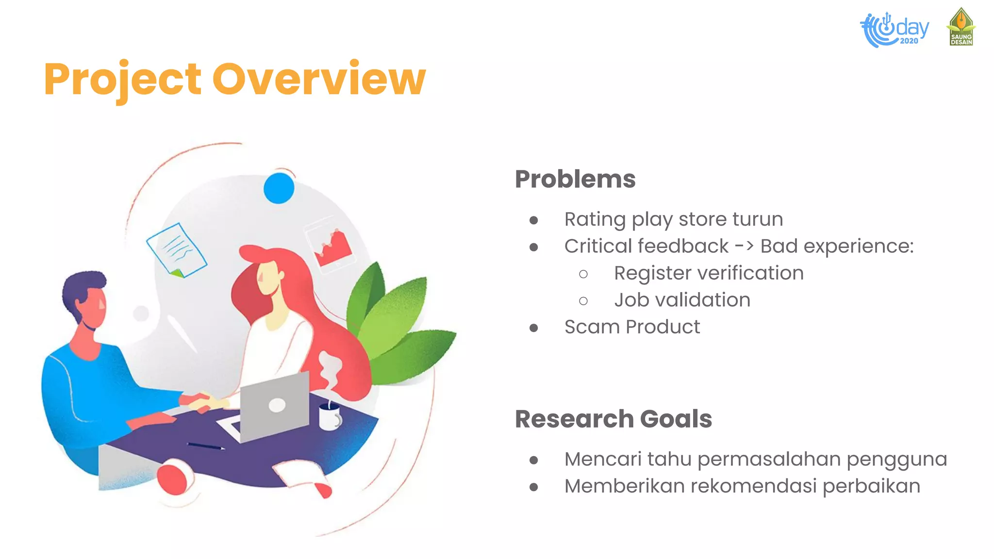 Project Overview
Research Goals
● Mencari tahu permasalahan pengguna
● Memberikan rekomendasi perbaikan
Problems
● Rating play store turun
● Critical feedback -> Bad experience:
○ Register verification
○ Job validation
● Scam Product
 