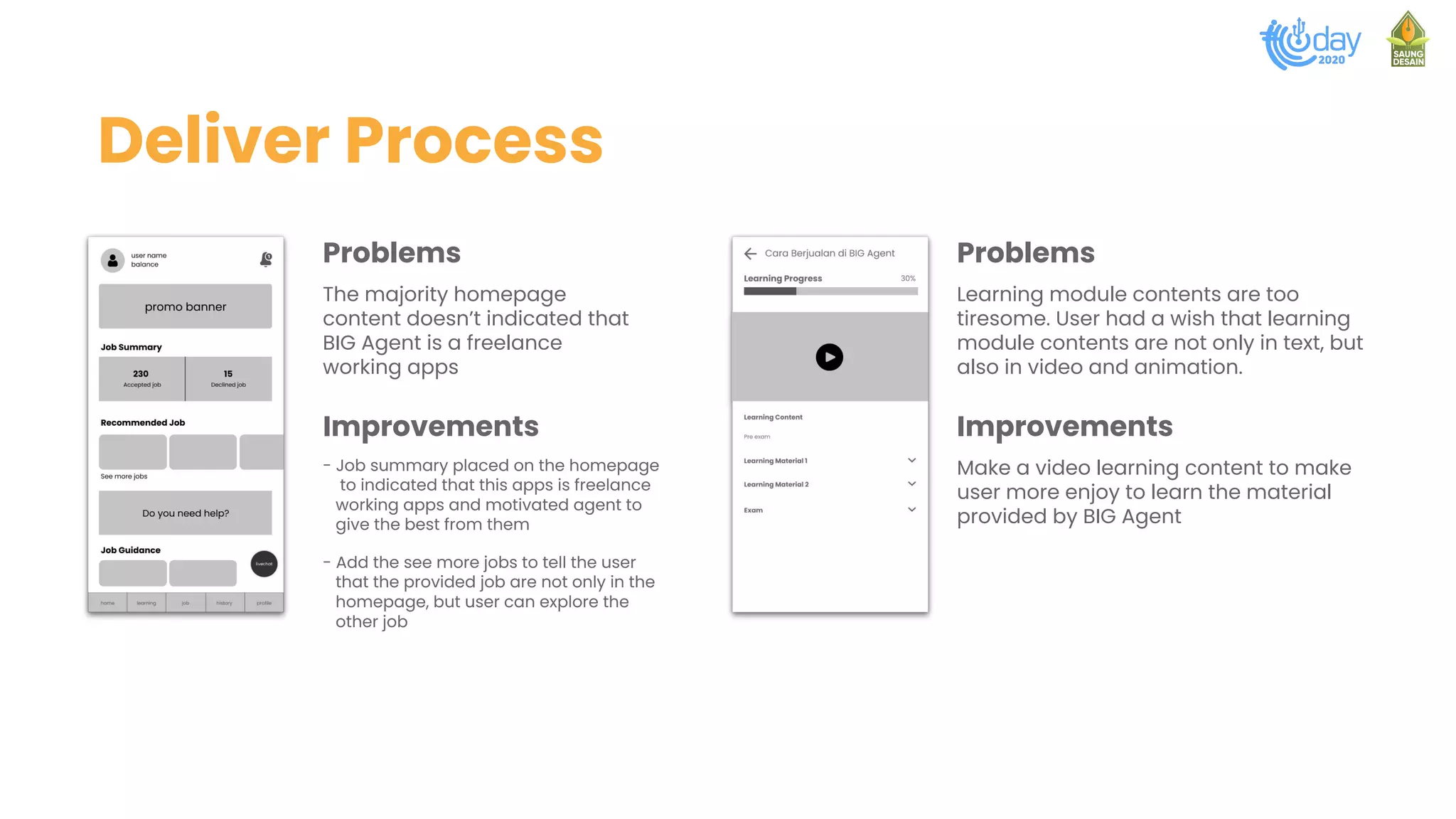 Deliver Process
The majority homepage
content doesn’t indicated that
BIG Agent is a freelance
working apps
Problems
Improvements
- Job summary placed on the homepage
to indicated that this apps is freelance
working apps and motivated agent to
give the best from them
- Add the see more jobs to tell the user
that the provided job are not only in the
homepage, but user can explore the
other job
Learning module contents are too
tiresome. User had a wish that learning
module contents are not only in text, but
also in video and animation.
Problems
Improvements
Make a video learning content to make
user more enjoy to learn the material
provided by BIG Agent
 